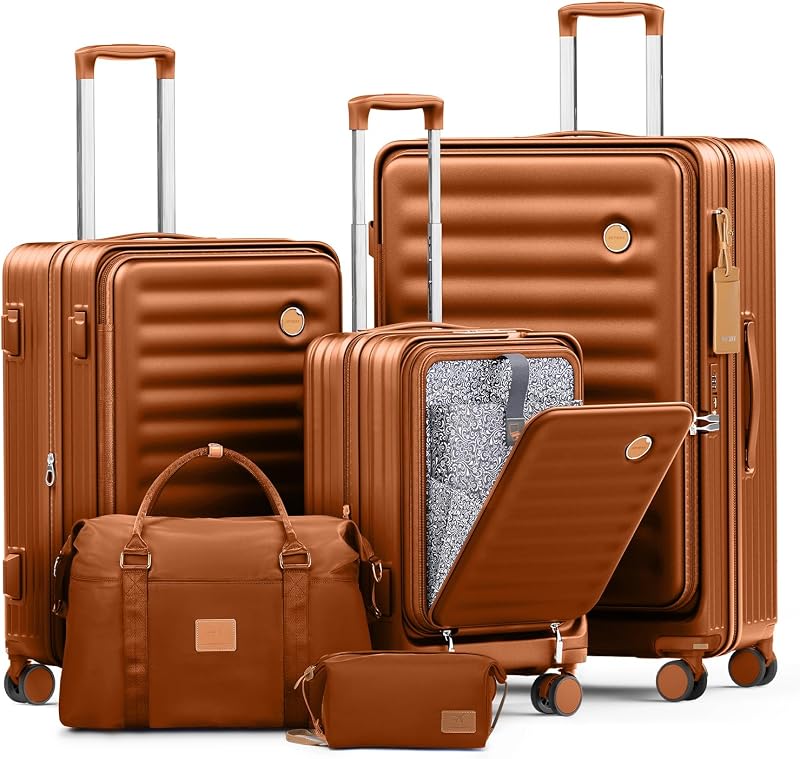 Luggage Sets 5 Piece with Front Pocket, Expandable Top Opening Suitcase Set, PC Hardside Carry on Suitcase with Spinner Wheels and TSA Lock (Brown)