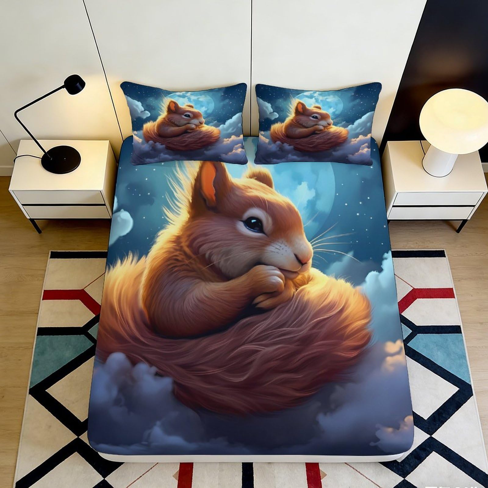 Pnayamiorkfel Style-8 3D Printed Moonlit Squirrel Fitted Sheet Microfiber Soft Anti-Slip Bed Cover For Bedroom Guest Room Decor 90X200x25cm