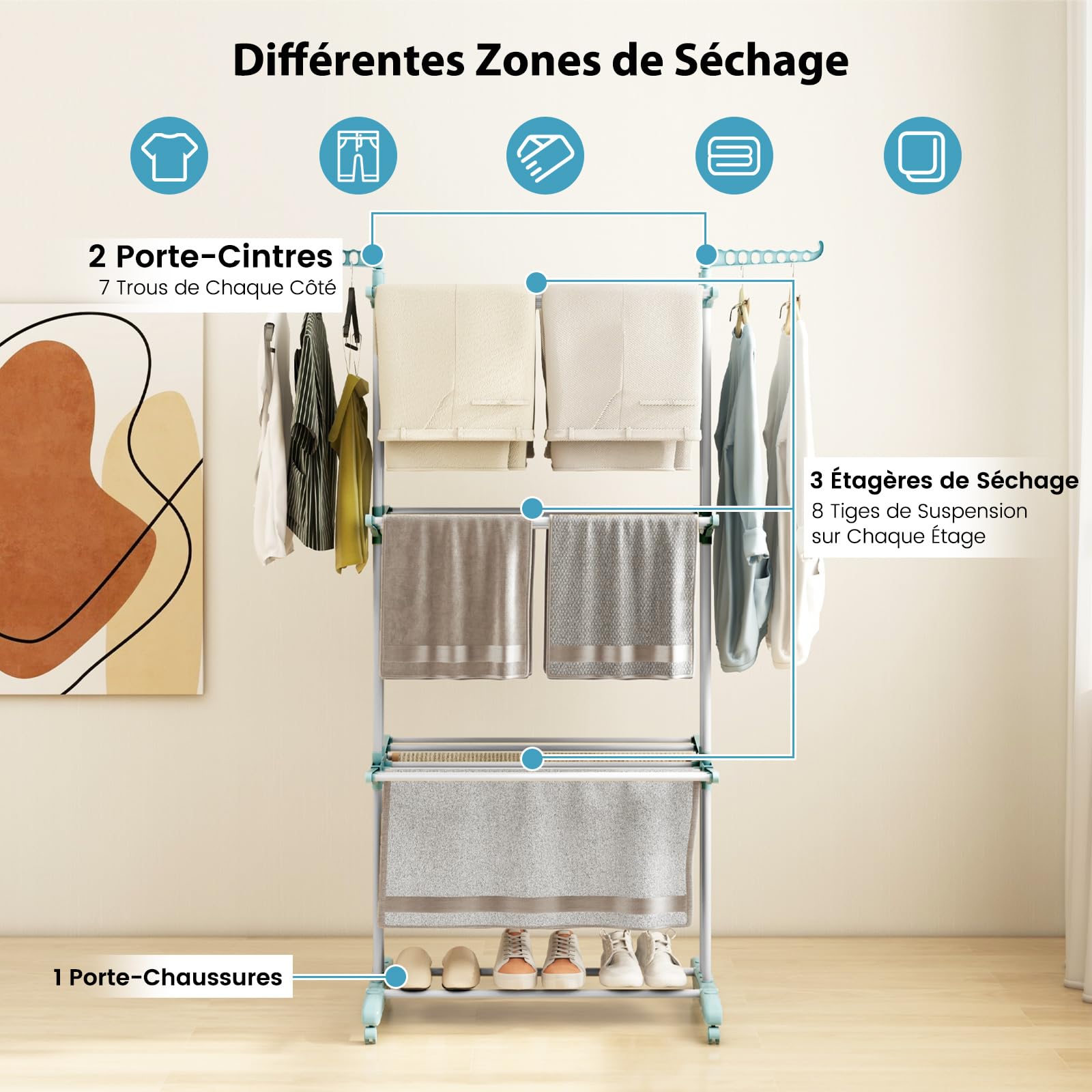 COSTWAY Sechoir à Linge Pliable 3 Niveaux, Étendoir Linge à roulettes en Métal, Sechoir Tancarville Solide avec 2 Porte-cintres, Porte-Chaussures, Seche Linge Intérieur Extérieur (Bleu Clair)