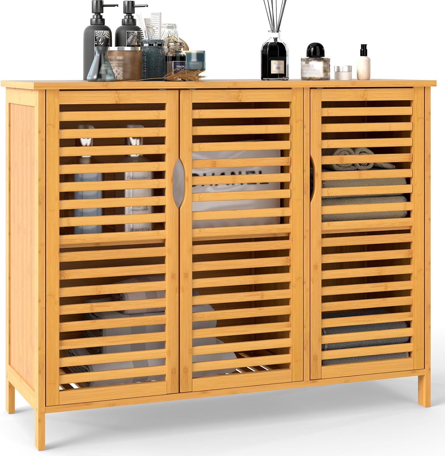 LOKO Bamboo Bathroom Cabinet, Freestanding Storage Cabinet with Anti-Tipping Device, Slatted 3-Door Storage Organizer Floor Cupboard Home Furniture for Kitchen, Living Room, Entryway