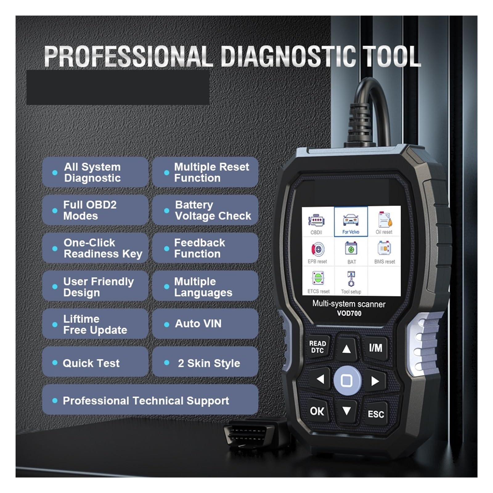 Strumento diagnostico VOD700 ODB OBD 2 Scanner OBDII Completo ABS SRS TPMS EPB di scansione ripristino Olio,Facile da Usare