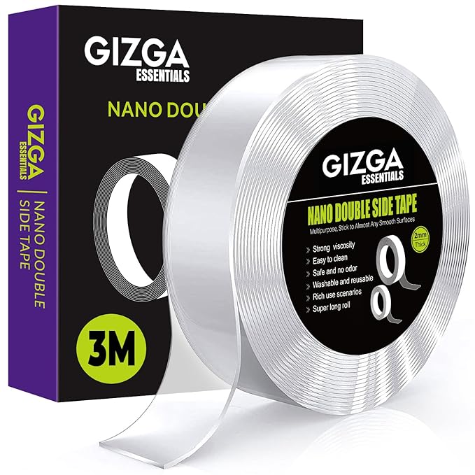 GIZGA essentials Nano Double Sided Tape, Multipurpose Super Sticky Gel Grip Mounting Tape, Washable, Reusable, No Residue, for Home & Office, 2mm thick, 1.2 Inch Wide, Transparent | 3 Meter