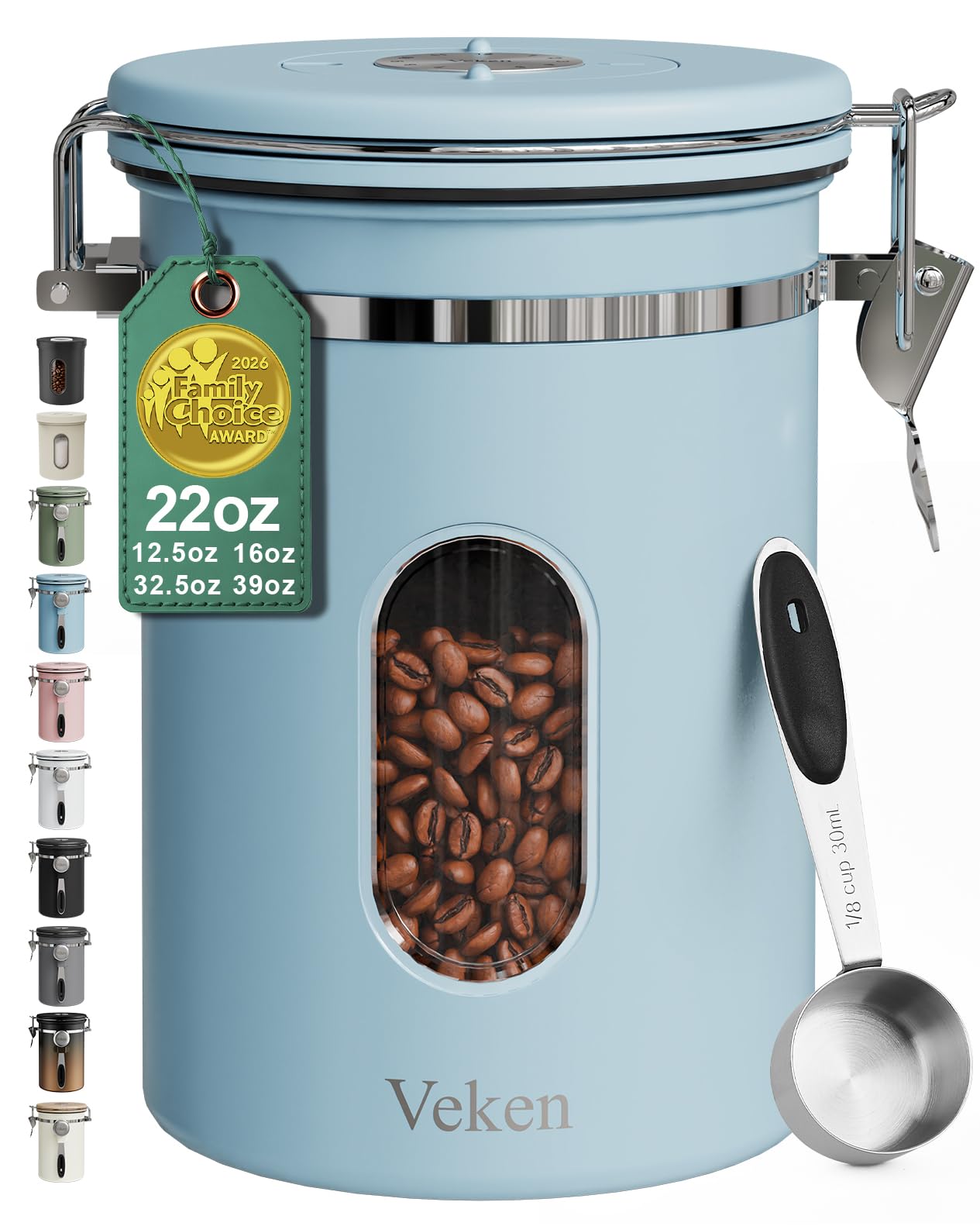 Veken Coffee Canister with Window, Airtight Stainless Steel Container, 22OZ