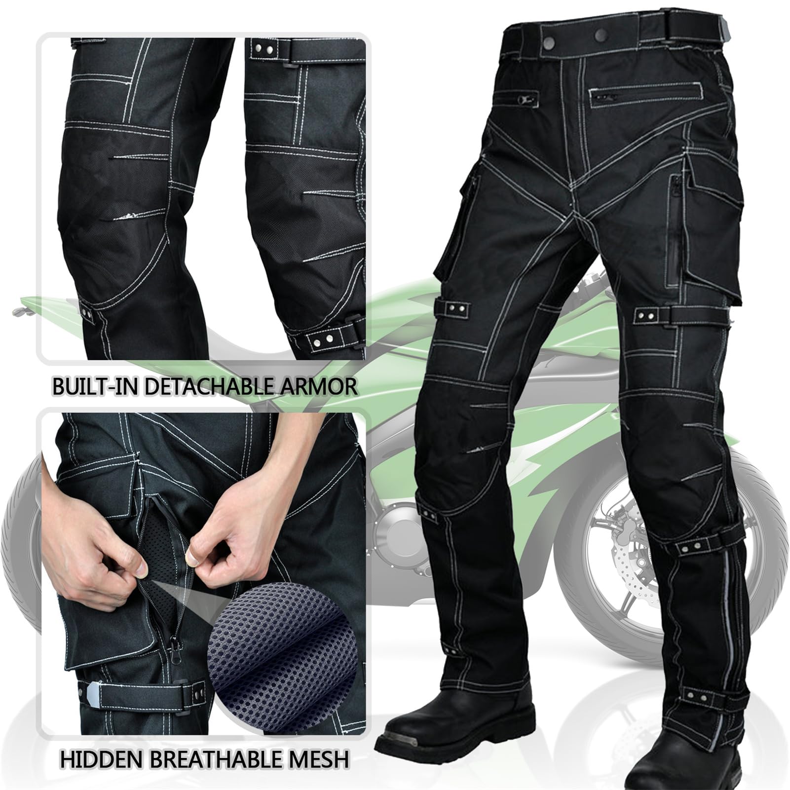 SHUOJIA Men's Motorcycle Pants, Multiple Pockets Riding Anti-Fall Trousers With Oxford Cloth Waterproof Adjustable High-Waist Motorcycle Pants, Silicone Armor, M=W33"/84cm - View #3