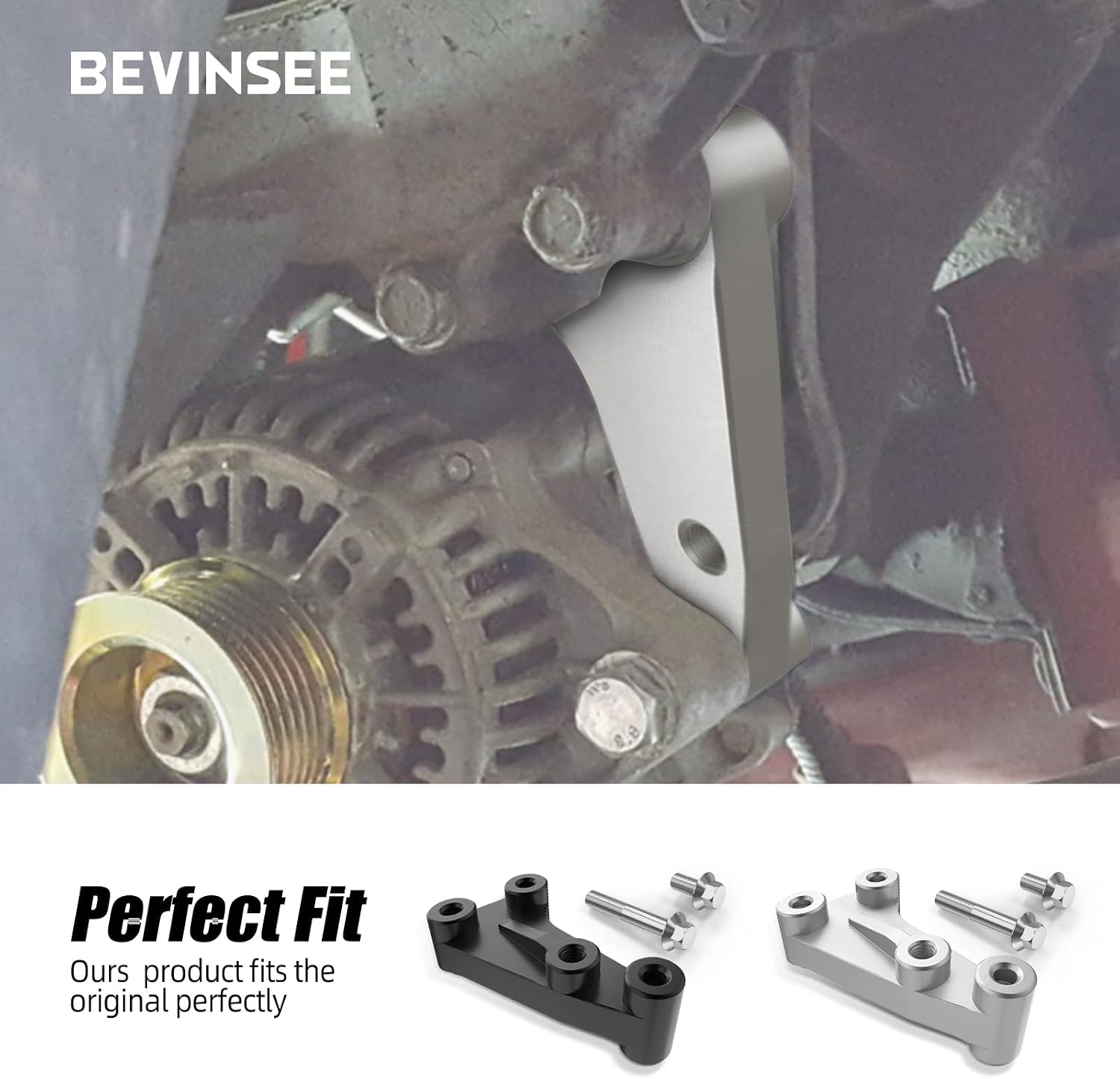 Bevinsee Lower Alternator Bracket Compatible with Jeep Wrangler 2.5L 4 Cylinder 1991-1995 YJ, 1997-2002 TJ, Replaced 53007605 53007604, Aluminum, Silver