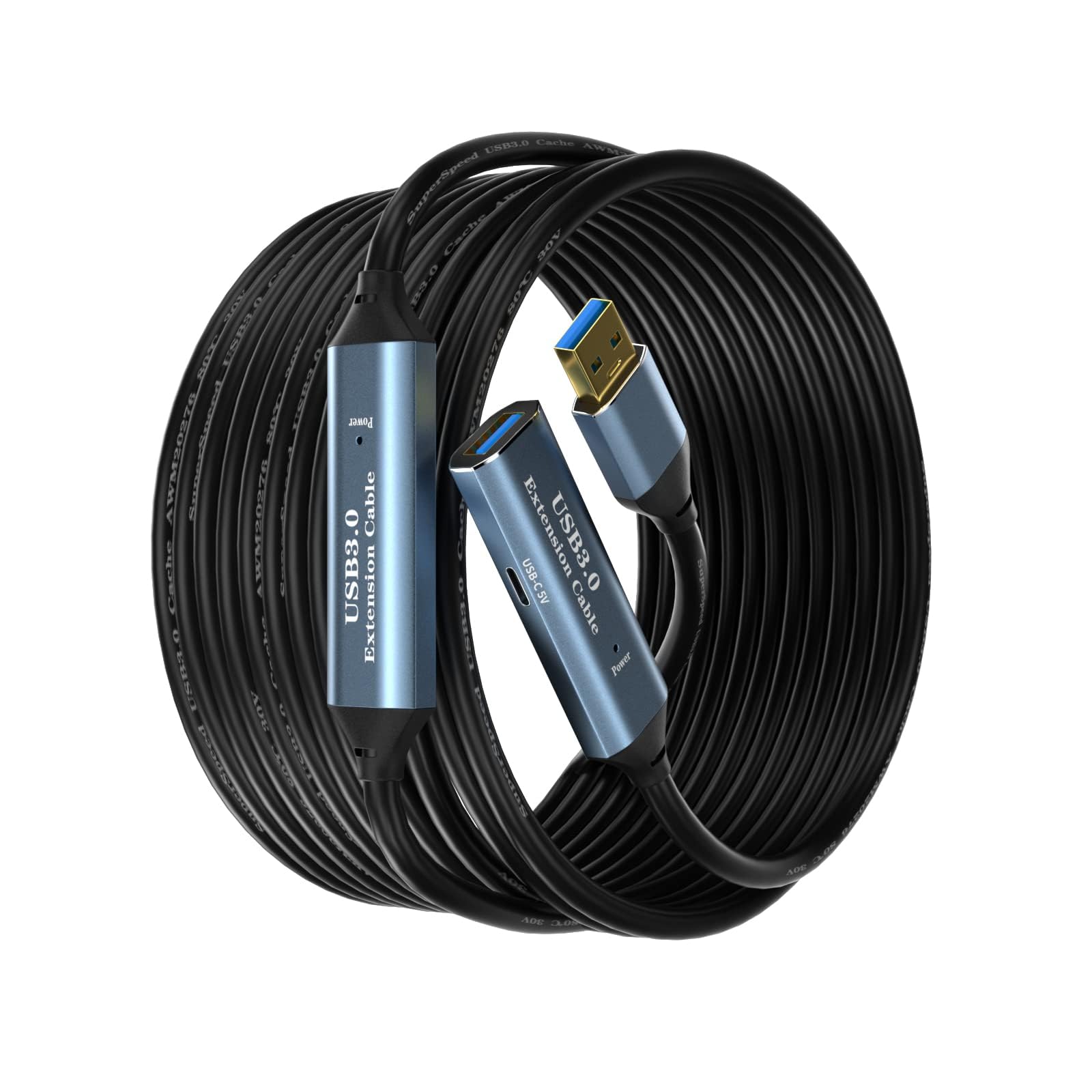 Cavo di prolunga USB 3.0 20 m, tipo A maschio a femmina, attivo con 3 chipset, amplificatore di segnale e 1 porta di ricarica USB-C, per webcam, stampante, fotocamera