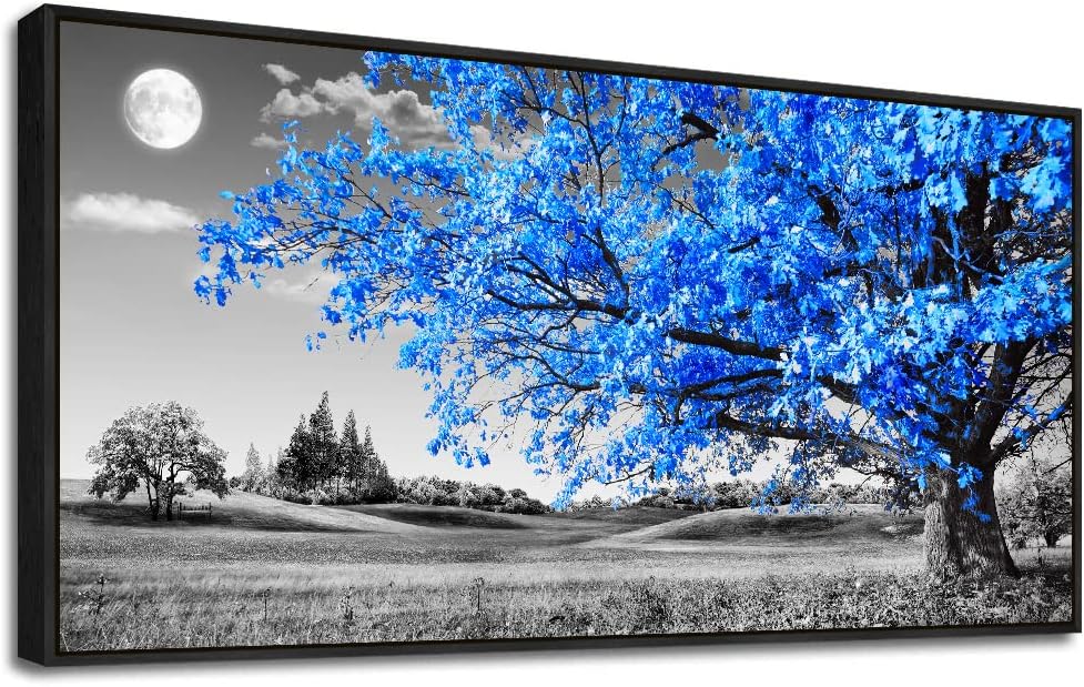Black Framed Canvas Wall Art For Living Room & Office - Large Size Blue Moon Tree Scenery - 20" X 40"