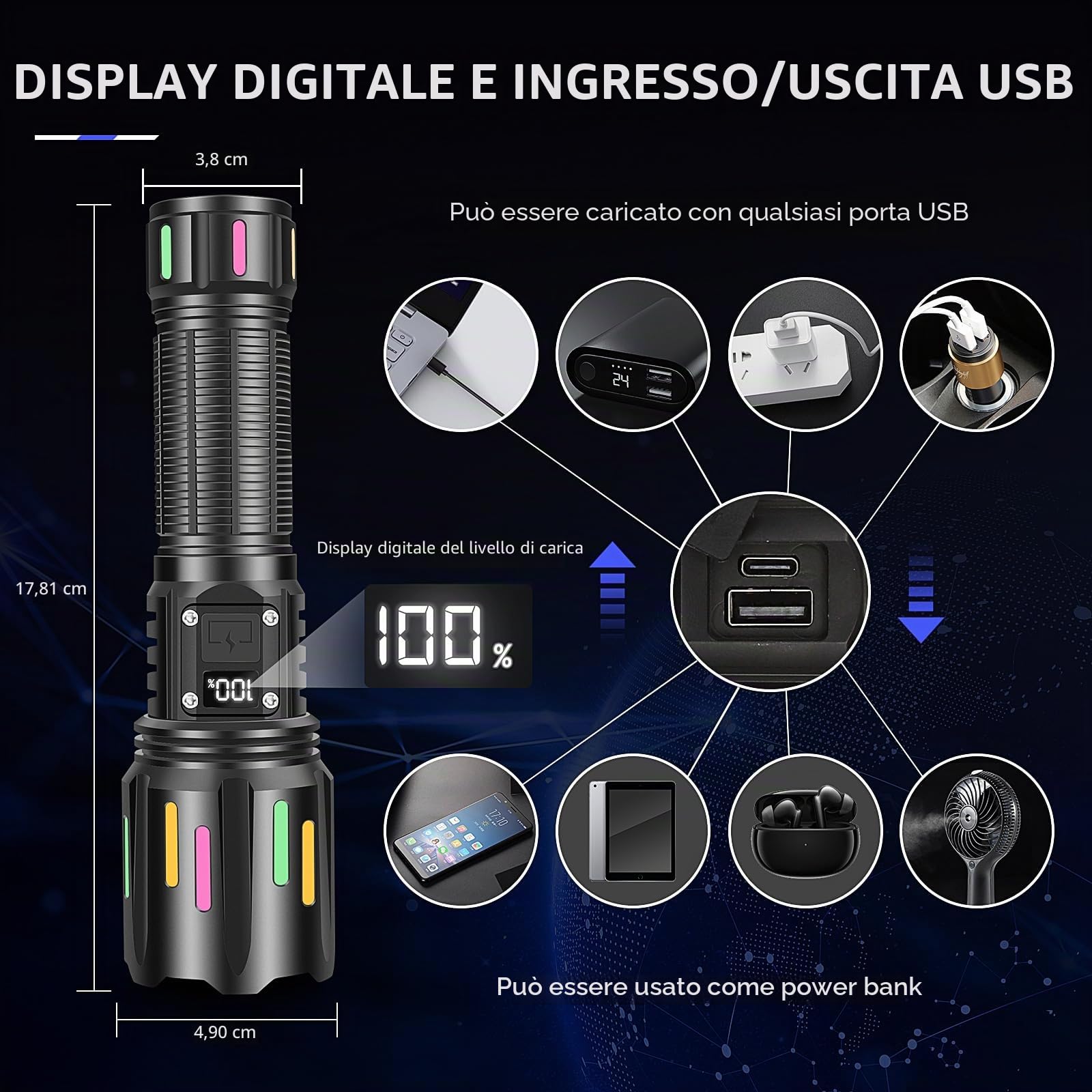 Torcia LED Super Luminose, Torcia Ricaricabile 500000 Lumen Torcia Tattica Potente con Display Digitale LCD, 5 Modalità Zoom Flash Light, Torc a Mano ad Alta Potenza per Campeggio