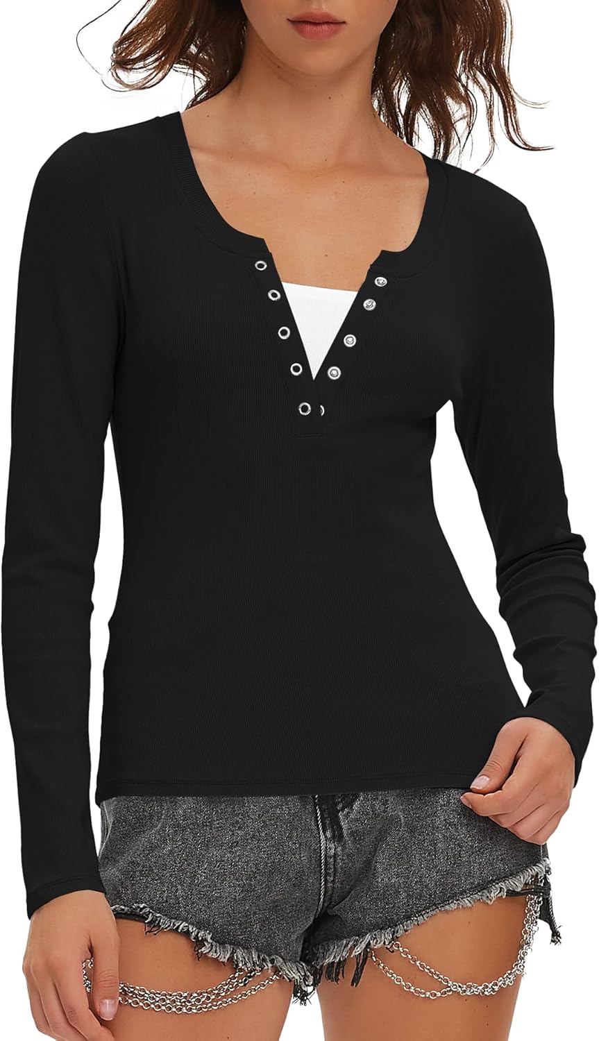 Beaully Women's Long Sleeve Henley Tops Ribbed Knit Slim Fitted Trendy T Shirt Basic Tees Layer 2026 Spring Fashion Outfits - Image 4