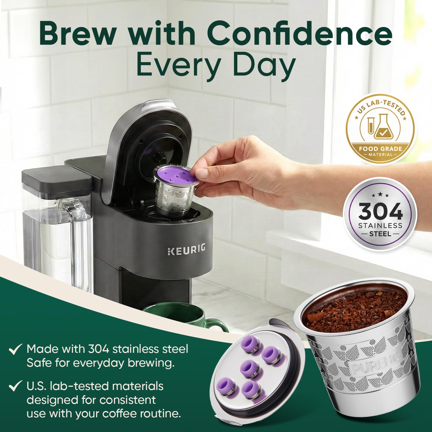 PureHQ - Tazas K reutilizables de acero inoxidable recargables para cafeteras Keurig K Supreme, K-Duo Gen 2 y K Slim, cápsulas de café reutilizables de metal de PureHQ - Filtro de cápsulas de café