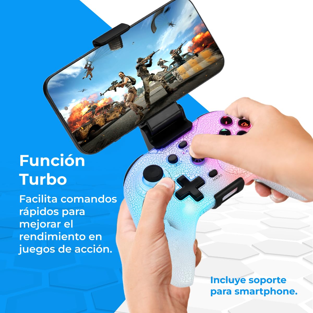 NK Mando Switch Inalámbrico - LED RGB Ajustable, Switch/PC/Android/iOS, Función Turbo, Ajustes Macro, Bluetooth, 6 ejes, 4 Modos de Vibración - Color Blanco (Incluye Soporte Smartphone)