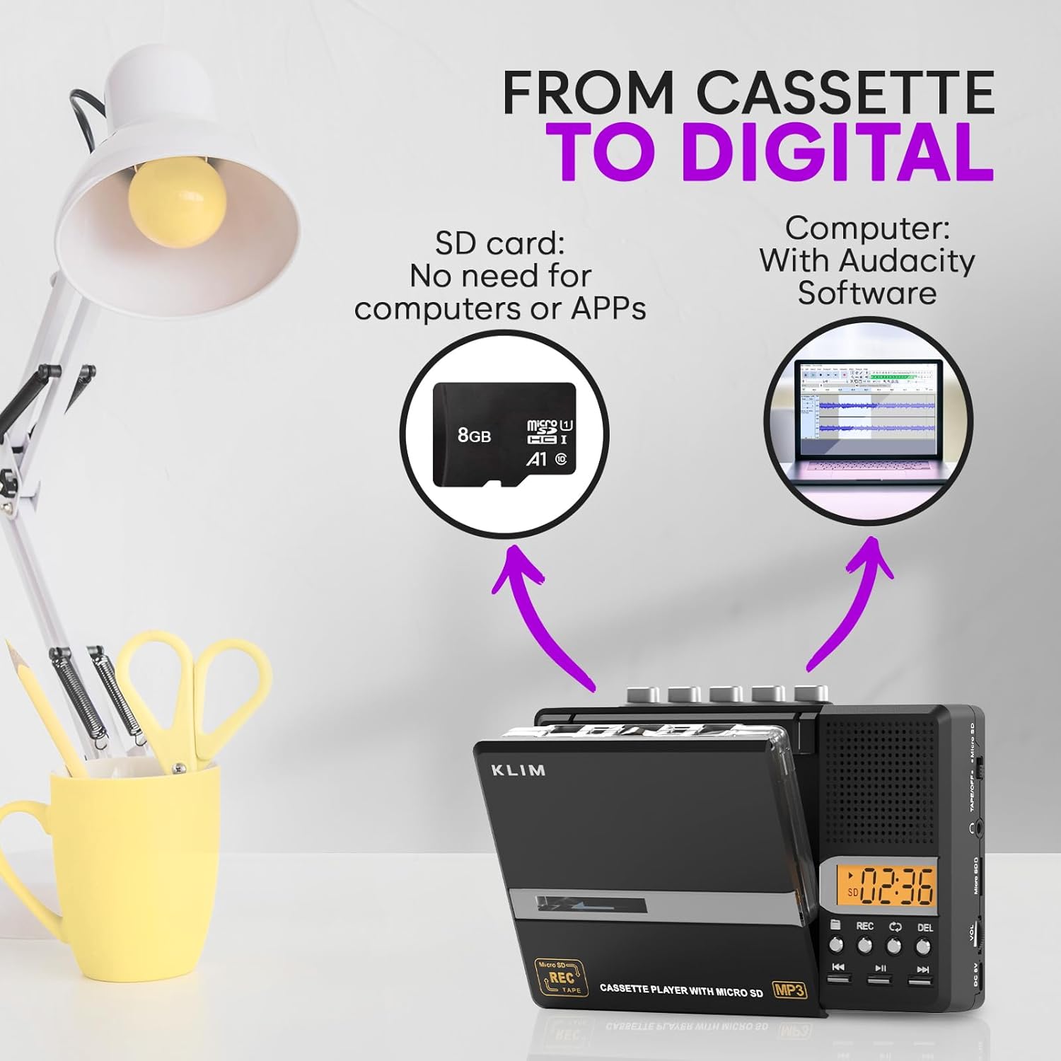 Side view of the KLIM K10 showing the Micro SD slot, headphone jack, volume control, and DC 5V input.