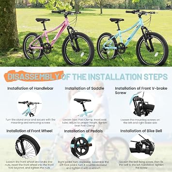 20 Inch Kids Bike for Boys & Girls Ages 8-12, Mountain Bike with 2.125 Tires, High-Carbon Steel Frame, Dual Disc Brakes, Front Suspension, 7-Speed, Pink & Blue