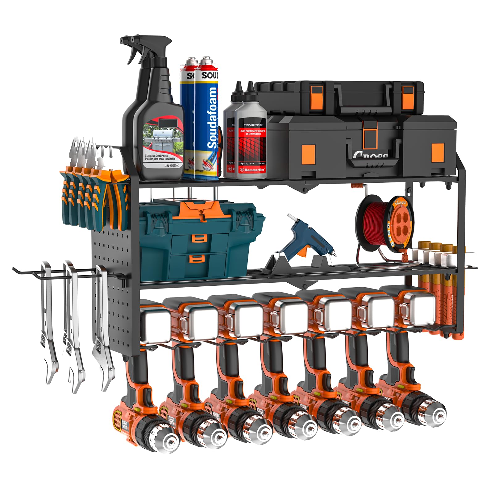 Organiseur d'outils électriques, 3 couches pour 7 porte-perceuses, support mural robuste avec support de tournevis latéral pour garage, maison, atelier