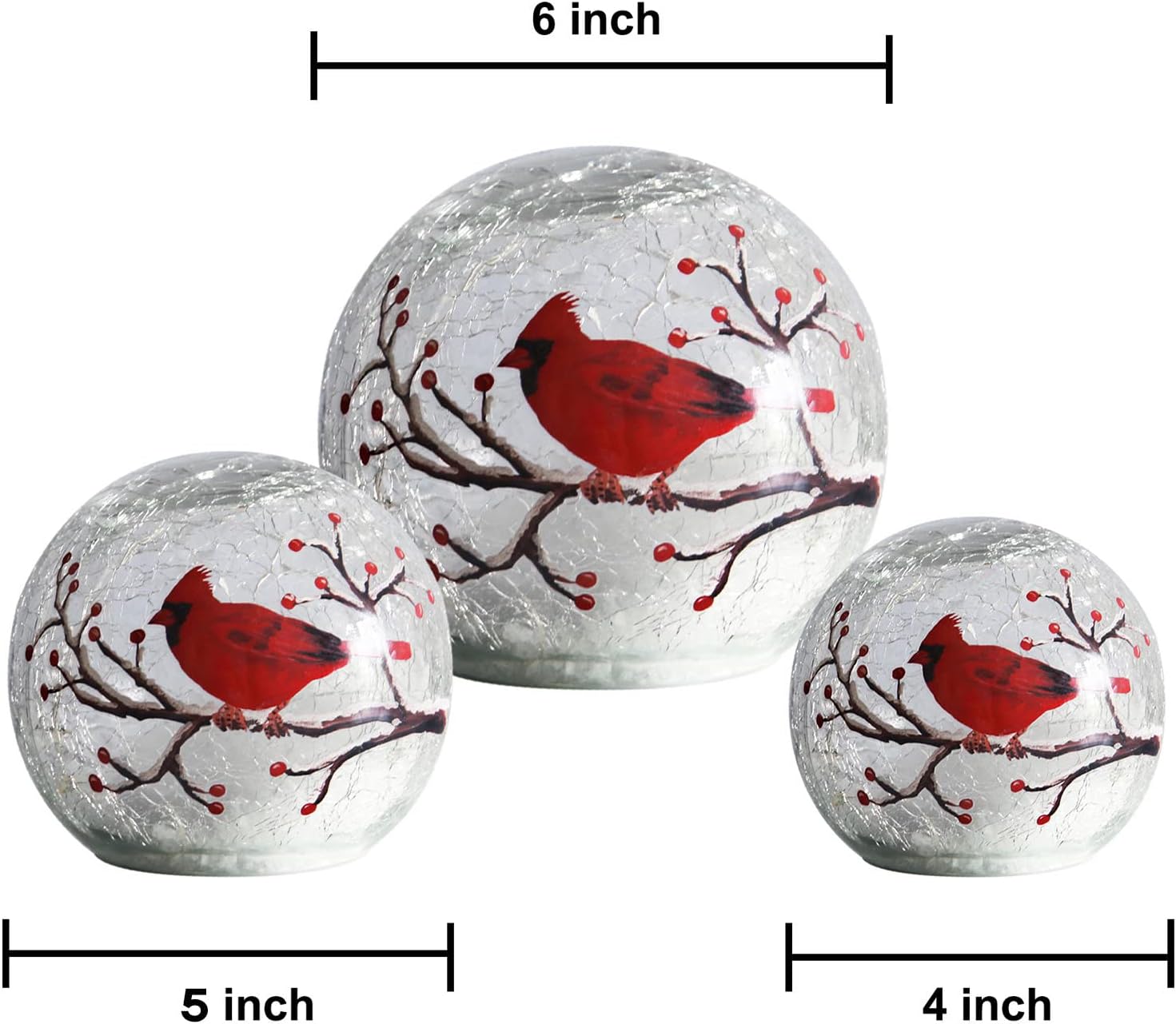 Large Crackle Glass Ball Cardinal Lamp, Light Up Red Cardinal Stained Glass Christmas Decor Accent Lamp, Lighted Red Bird Globe Table Light, Led Sphere Desk Lamp - Image 4