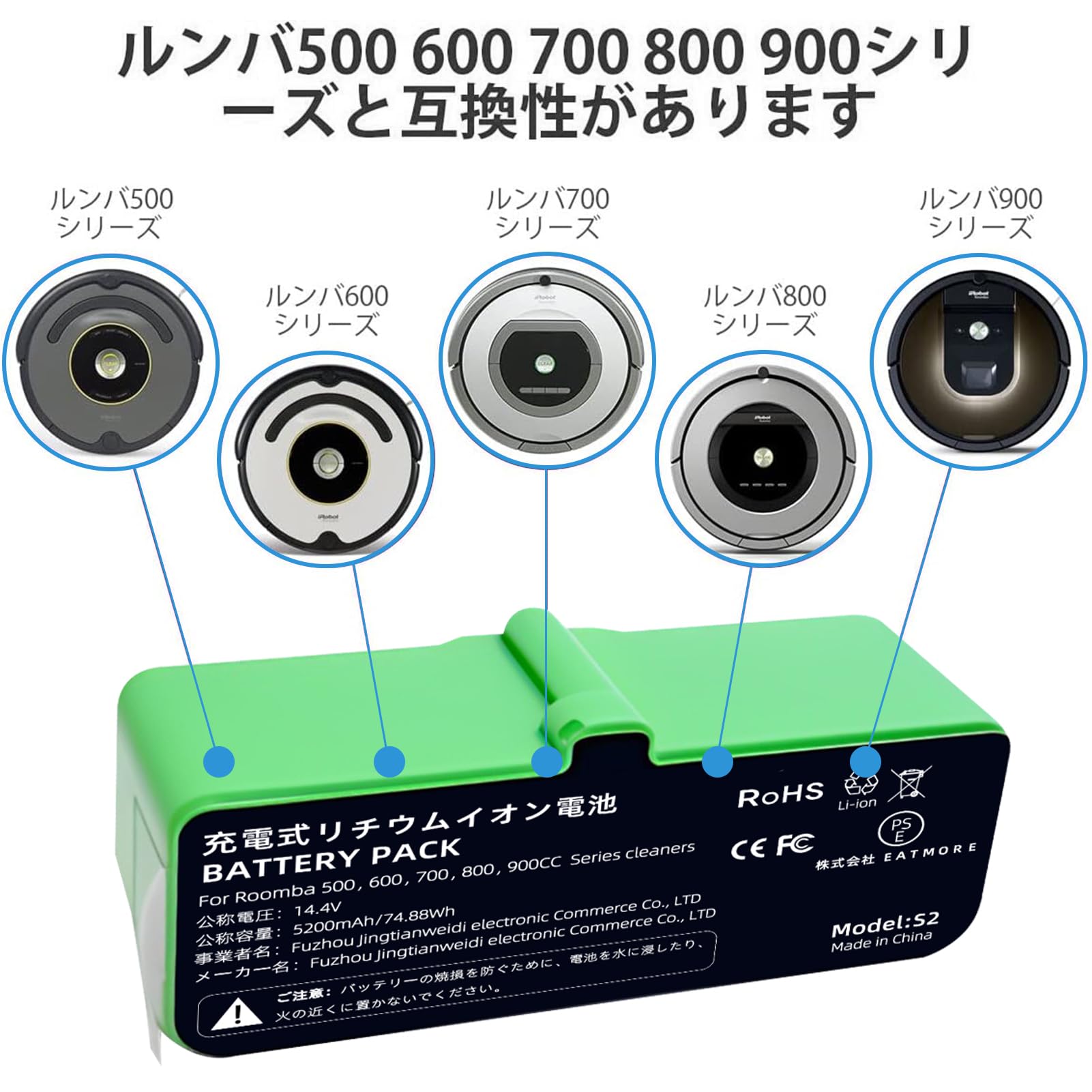 Amazon.co.jp: ルンバ用バッテリー互換 リチウムイオン 5200mAh 14.4V