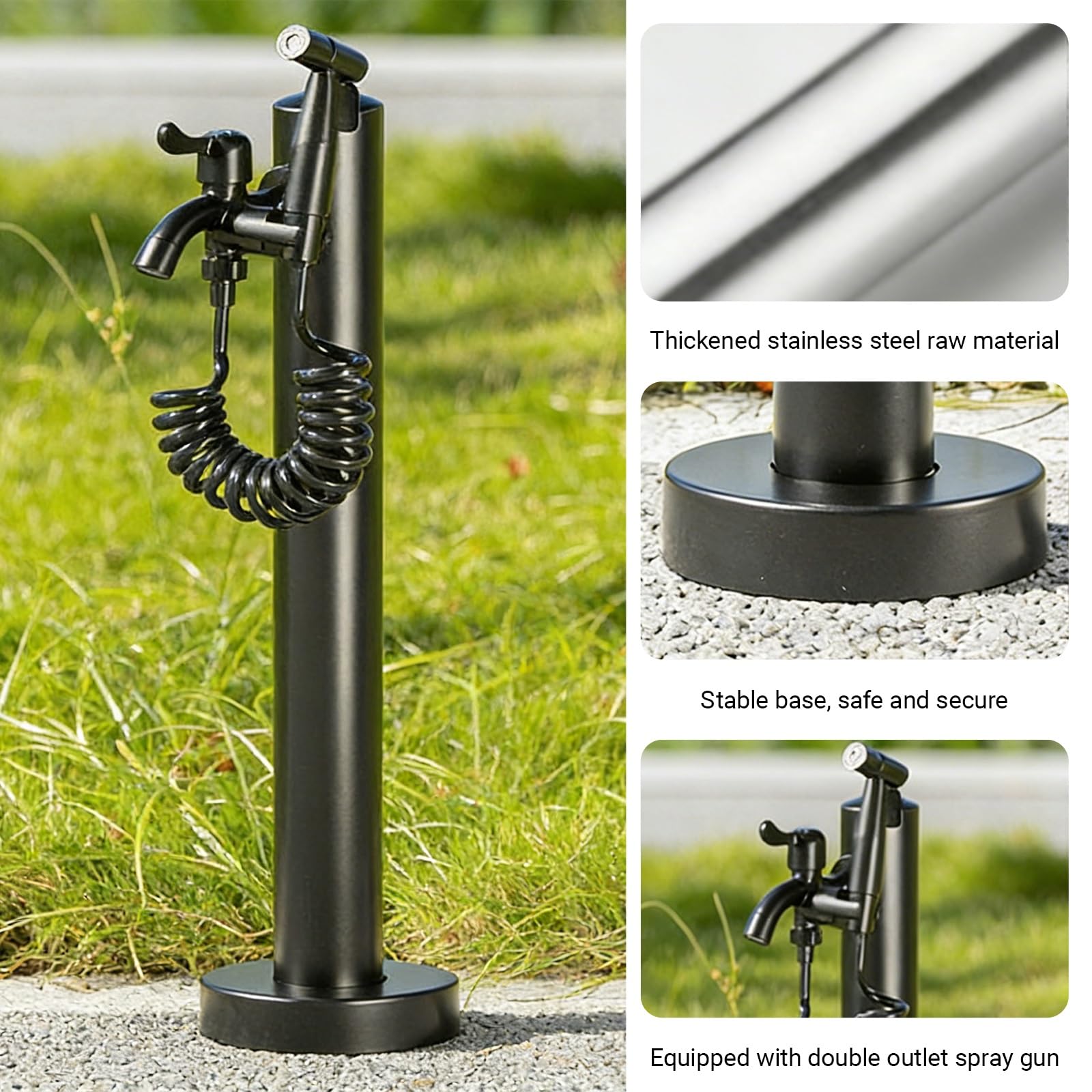 Columna de agua para exteriores con doble grifo, soporte de manguera independiente de acero inoxidable 304, hidrante de agua externo a prueba de congelación para jardín, patio, césped, patio