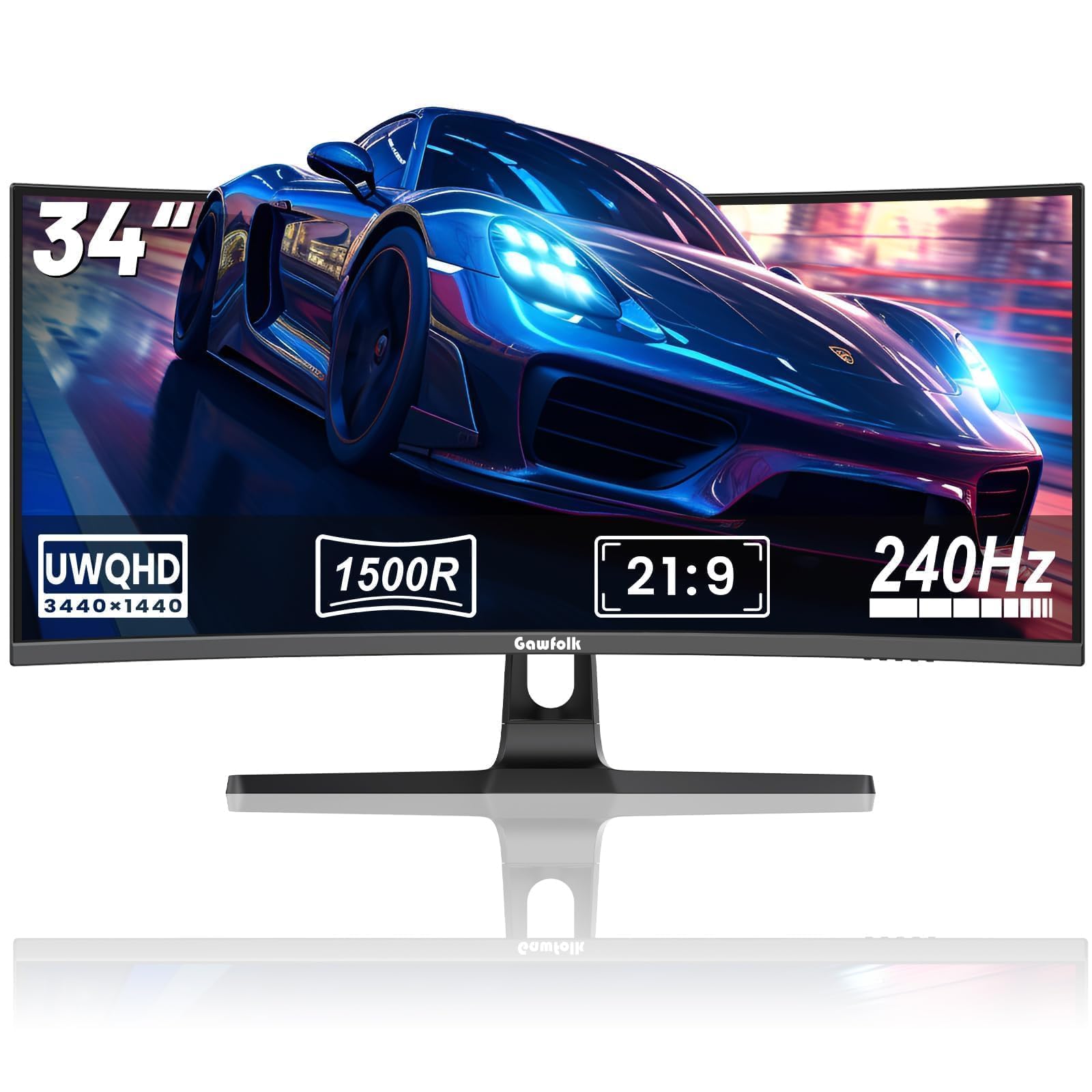Gawfolk Monitor Gaming Curvo 34'' 240hz, UWQHD 3440x1440, 1500R， Adaptive Sync, HDMI2.0 & DP1.4