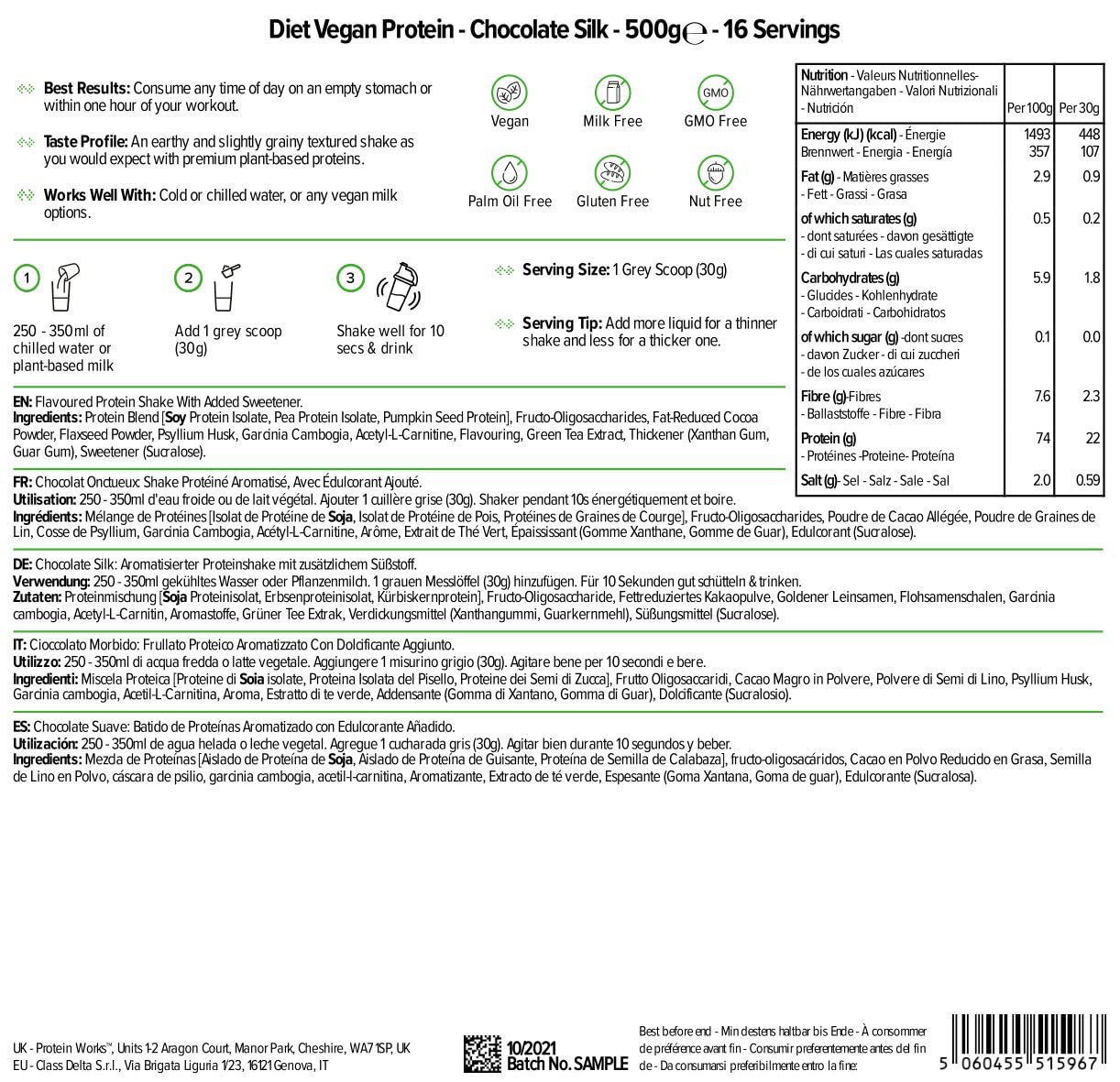 Protein Works Diet Vegan Protein / CHOCOLATE SILK/ 500g / Shake der aus erstklassigen Eiweißressourcen und wirkungsvollen Extrakten hergestellt wird.