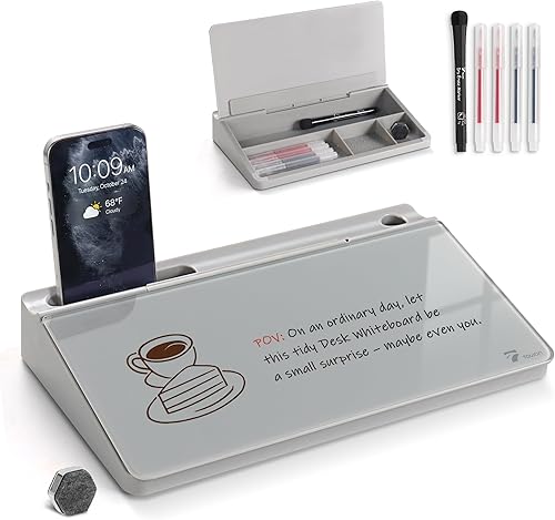 TOWON Pizarra blanca de escritorio pequeña y compacta de vidrio con almacenamiento – Tablero de borrado en seco de 12 x 7 pulgadas para escritorio,