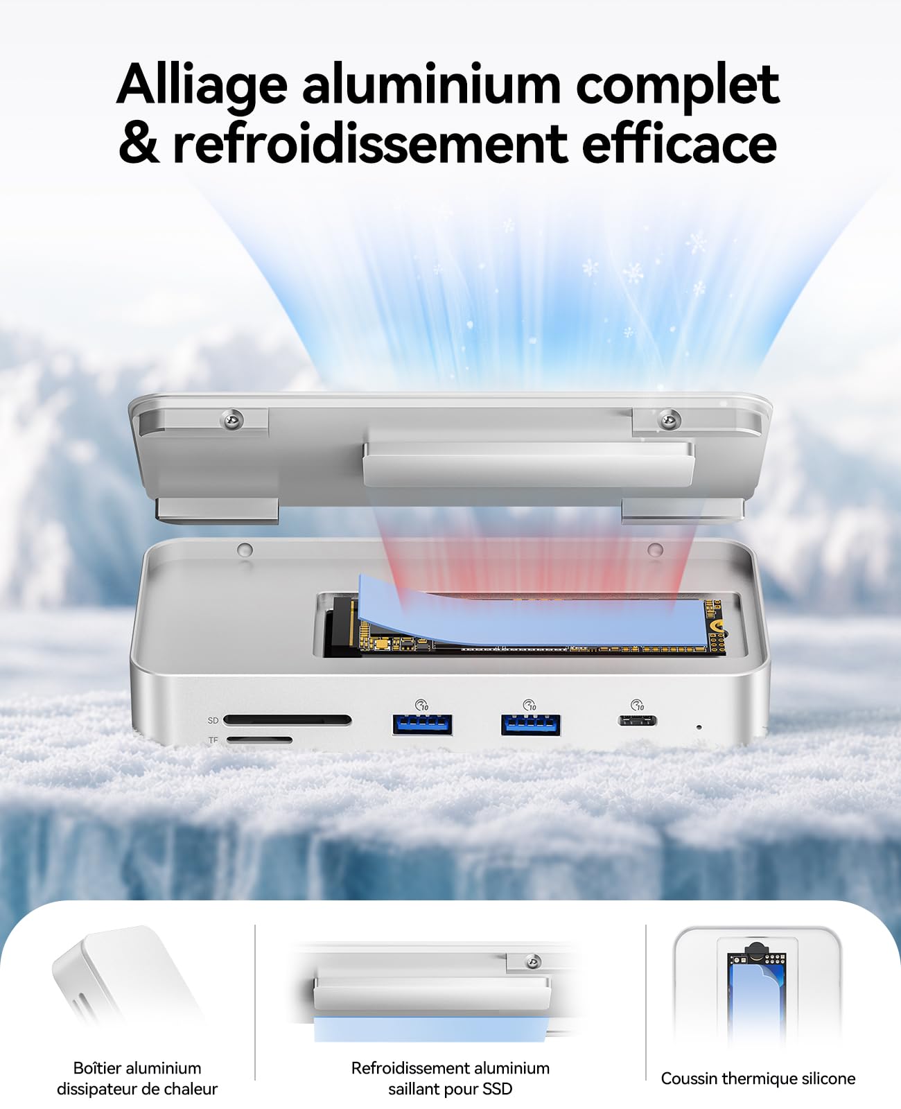 ORICO Hub USB C 7 en 1 avec boîtier SSD M.2 NVMe de 8 to, Station d'accueil avec Ports USB-C et USB-A 10 Gbit/s, 2 Ports USB-A 5 Gbit/s, 3.0 SD/TF, 100 W PD, Gigabit Ethernet, Station d'accueil