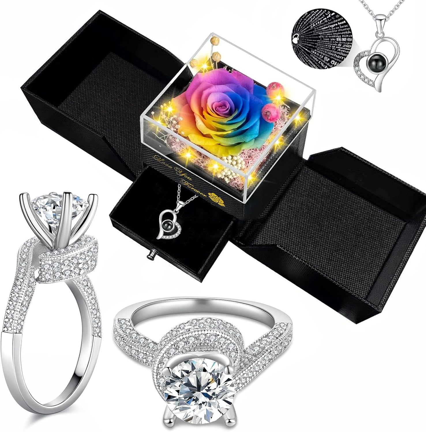 2ct Moissanite Rings for Women & Preserved Real Rose-Eternal Flowers Rose, Engagement Promise Rings for her