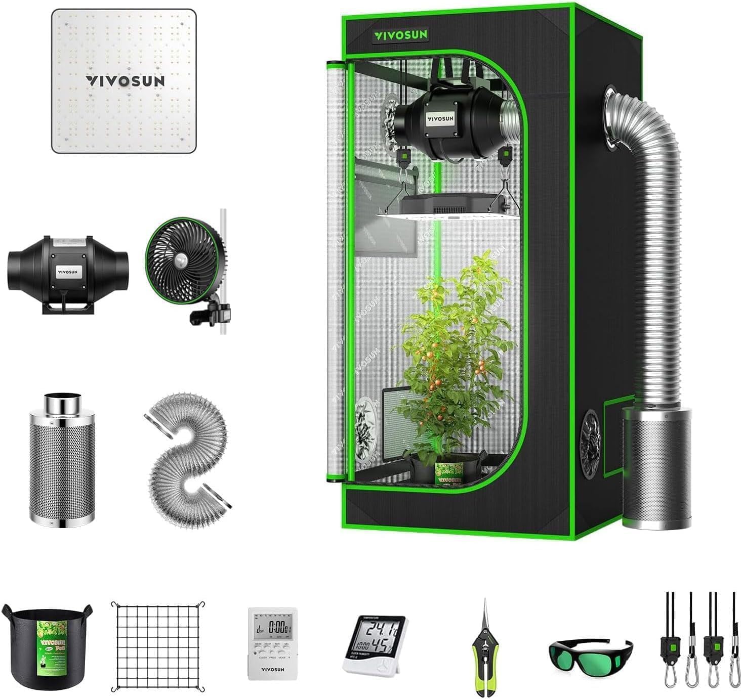 VIVOSUN Grow Tent Complete System and AeroWave E6 Grow Tent Clip-on Fan 6”, with VS1000 Led Grow Light, 4 Inch 190CFM Inline Fan, Carbon Filter and 8ft Ducting Combo, 24" x 24" x 48"