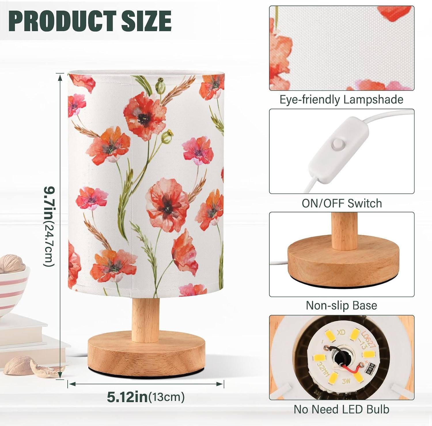 Bedside Table Lamp Retro Poppy Nightstand Lamp with Wood Floral Flower Leaves Desk Lamps for Bedroom Living Room Nursery Office Home Decor