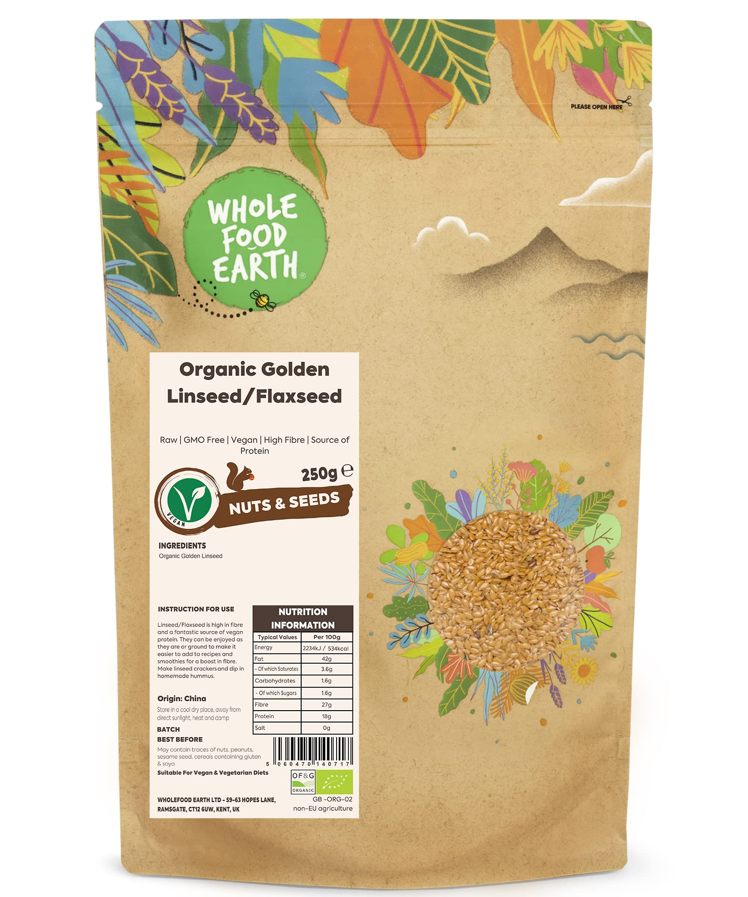 Wholefood Earth Organic Golden Linseed/Flaxseed – 250g | Raw | GMO Free | Vegan | High Fibre | Source of Protein | Certified Organic