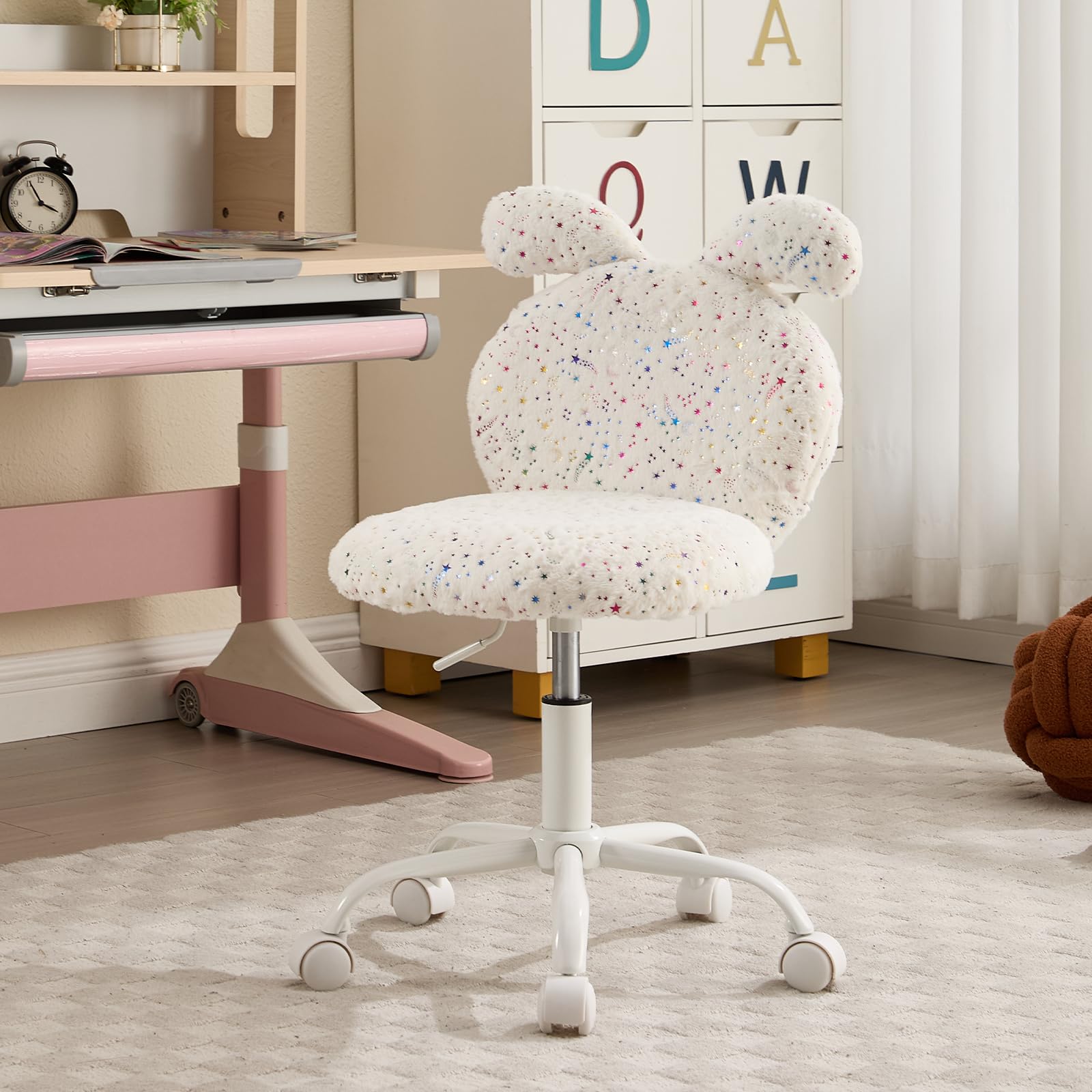 Ya-Home Silla Escritorio para Niña/Niño Diseño del Conejo,Beige | Lana Sintética, Altura Ajustable, Giratoria, Ruedas, 5cm Cojín, Respaldo con Apoyo Lumbar, para Dormitorio/Tocador
