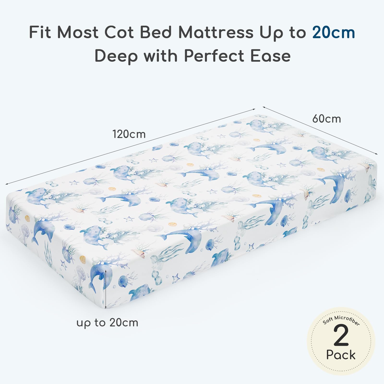 Yukkidds Cot Sheets 120x60 Fitted Cotbed Sheet 2 Pack Baby Cot Sheets Super Soft & Breathable Microfiber Blue Dolphin - Image 2