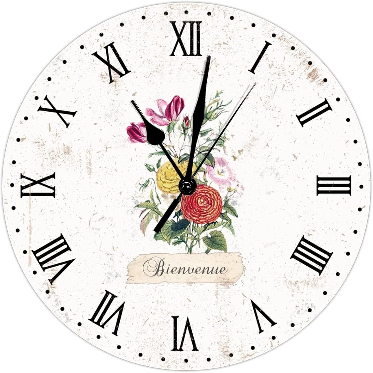 French Country Rose Flower Wall Clock Floral in Spring Round Decorative Clocks Battery Operated 15 Inch Non-Ticking Retro Wall Decor Home Decor for Kitchen Bedroom Living Room Office
