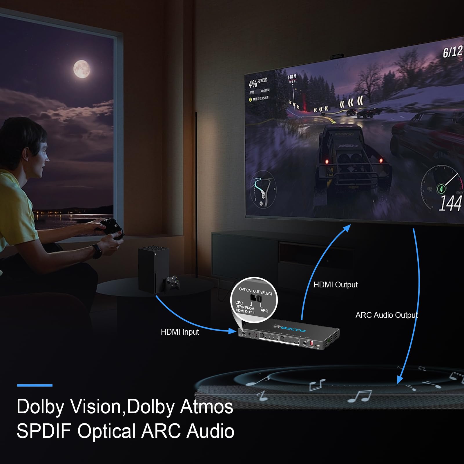 Matrice HDMI 4 in 2 Out 4K 60Hz 4:4:4 ARC HDR D-olby Vision Atmos SPDIF 5.1CH Breakout 3.5mm Stereo HDCP2.2- Console PC 16 EDID HDMI Scaler 4K 1080P Sync, HDCP2.2 HDMI2.0 Matrix 4x2 IR Remote