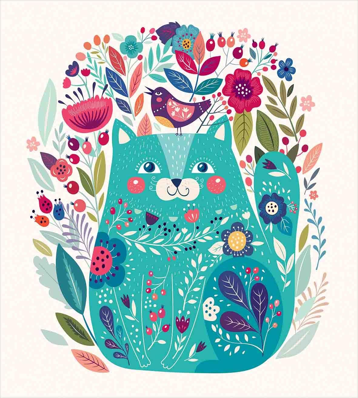 Ambesonne Cat Duvet Cover Set, Kitty Surrounded by Birds Flowers Ladybugs Inspirational Folk Theme, Decorative 2 Piece Bedding Set with 1 Pillow Sham, Twin Size, Multicolor Seafoam Twin Multicolor Seafoam