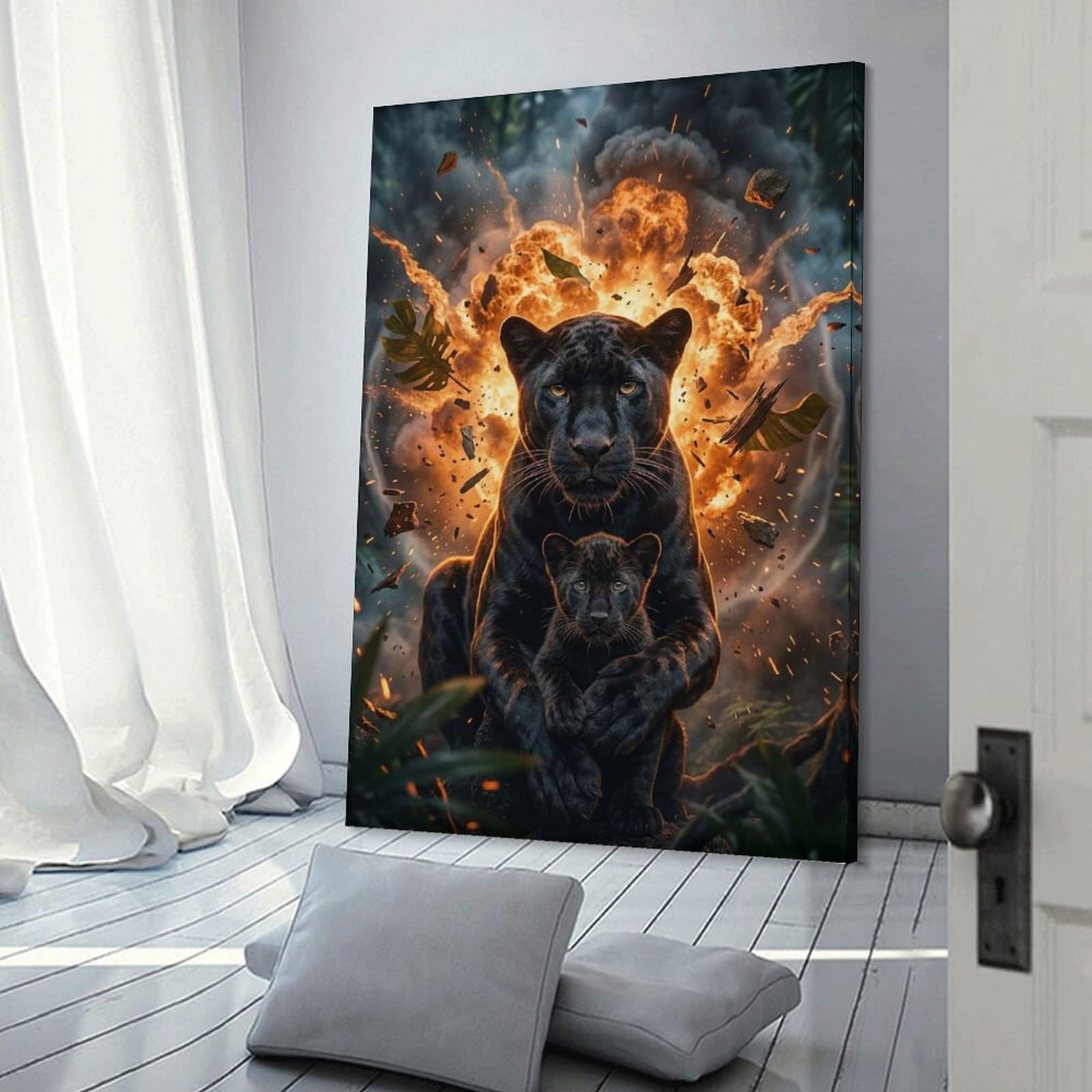 Junmoney Room Decor Wall Art Black Panther Mother And Cub in Jungle Explosion, 20x30inch(50x75cm), for Home Office, Desk Area Or Studio, An Interior Accent for Desk Areas