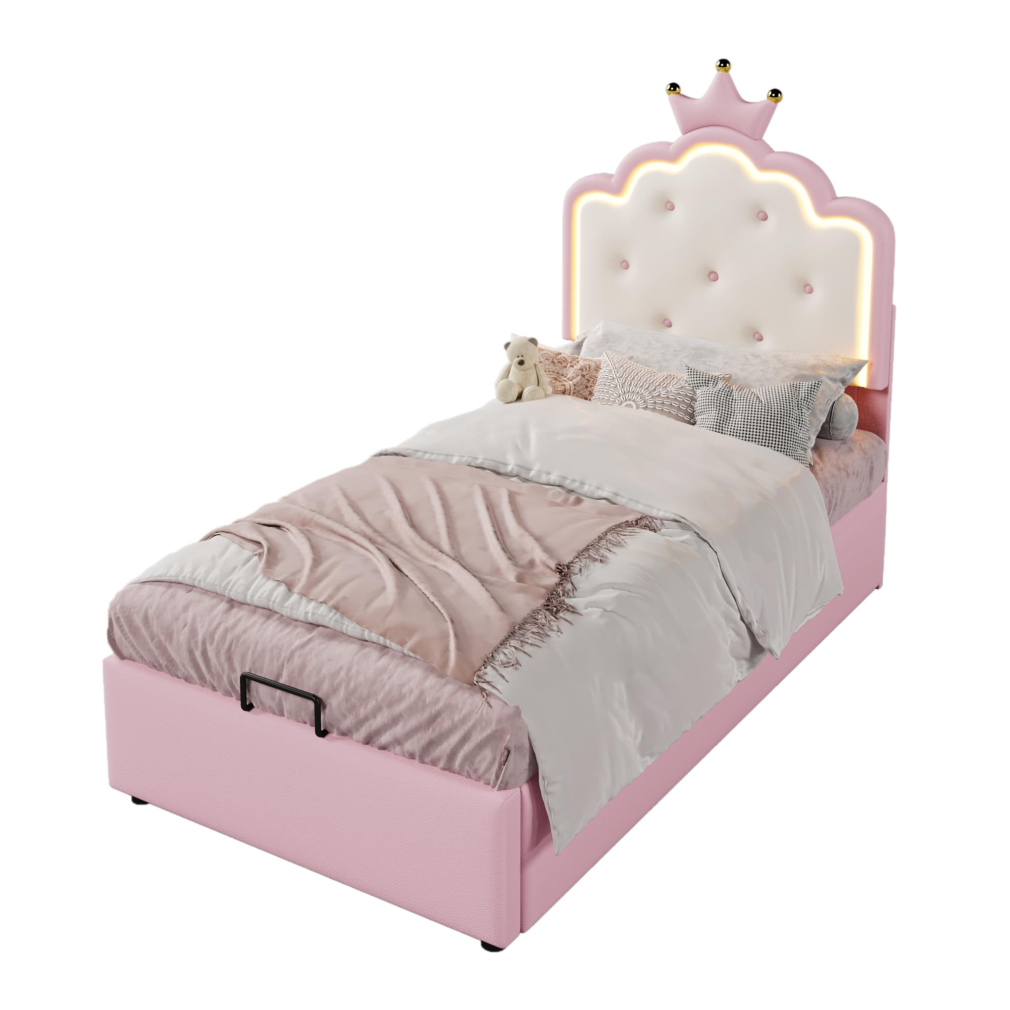 Generisch Cama tapizada de 90 x 200 cm con espacio de almacenamiento hidráulico, mando a distancia, luz LED ambiental, forma de princesa corona, rosa, ideal para habitaciones infantiles