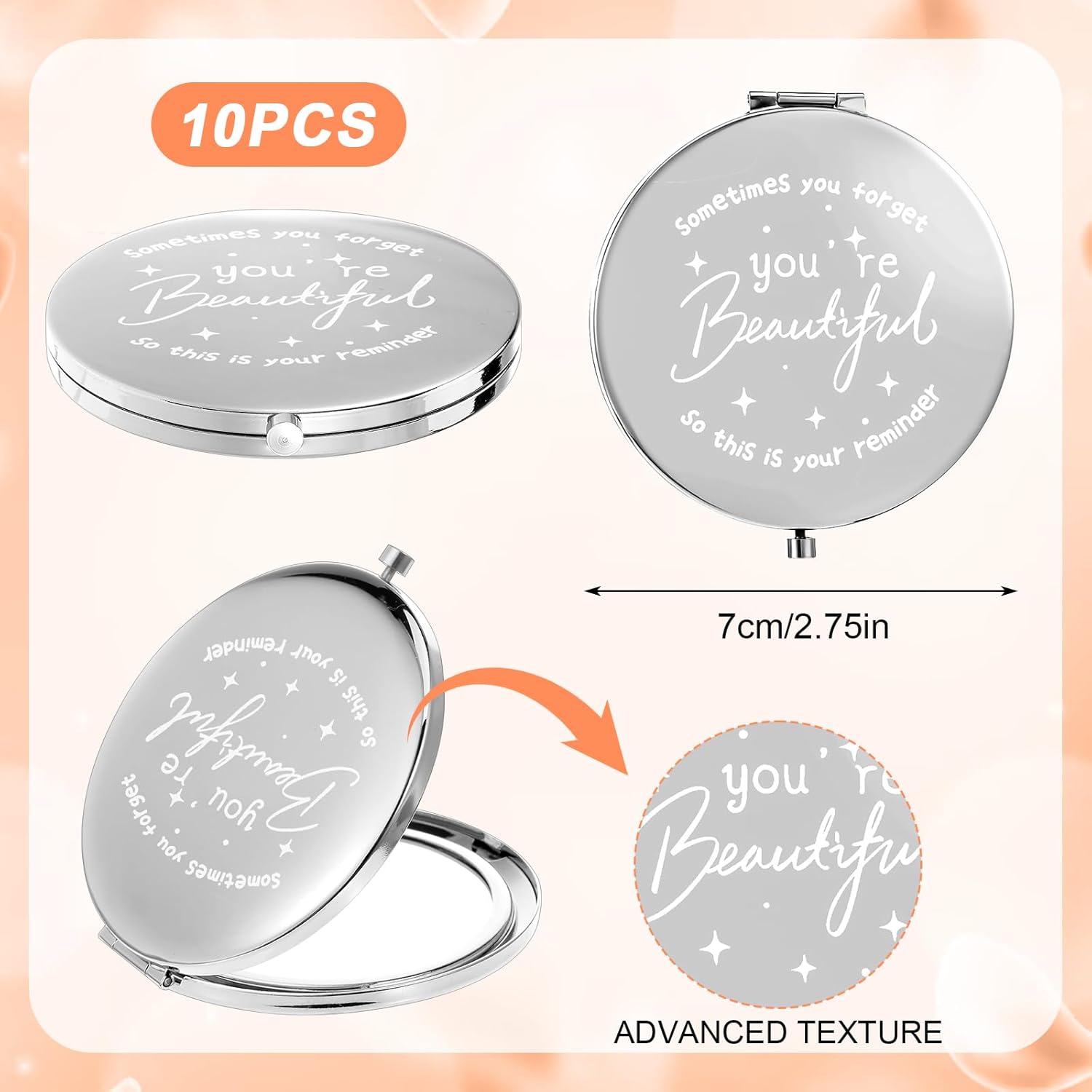 10Pcs Small Rhinestone Compact Mirror, 1x/2x Magnifying Double Sided Pocket Mirror 2.75 Inch Metal Rhinestone Compact Mirrors Bulk, Inspirational Appreciation Gifts for Women Girls Silver