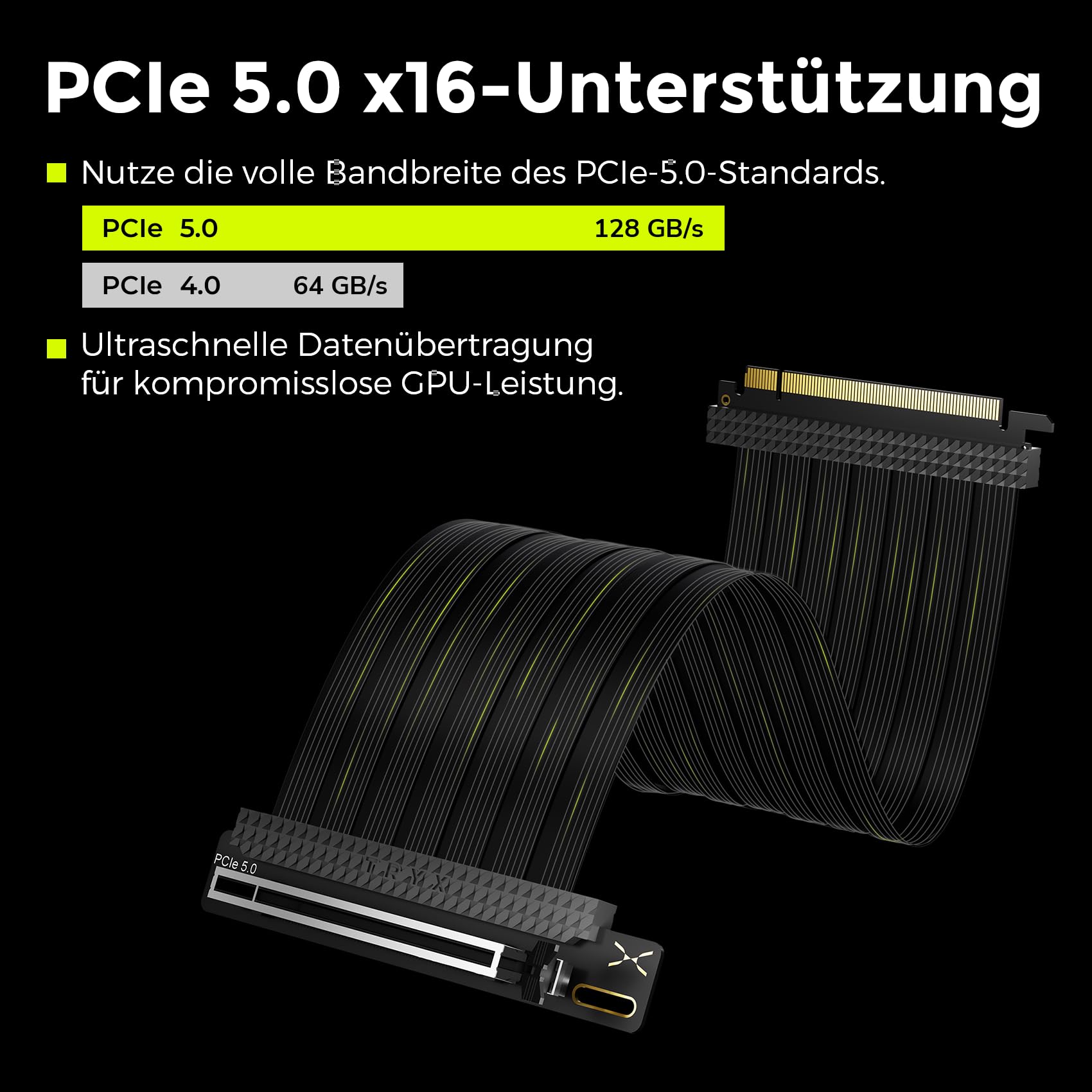 TRYX STRING PCIe 5.0 x16 Riser-Kabel 200 mm – Weiß | 128 GB/s Bandbreite, vergoldete Kontakte, flexible Sleeve-Ummantelung, stabile Leistung für moderne GPUs