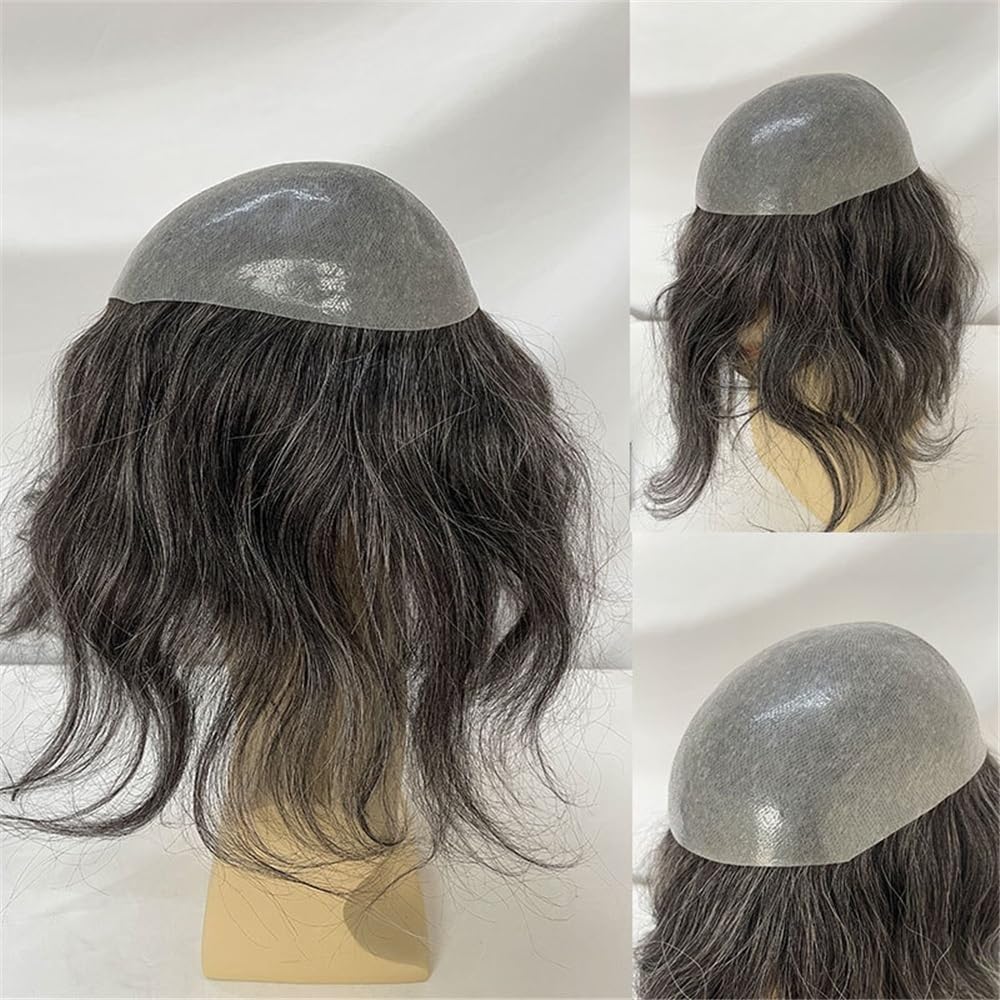Men's Toupee Parrucca da uomo con capelli umani in PU, lunghezza 12 pollici, ultra sottile, con anello a V, 8''x10''