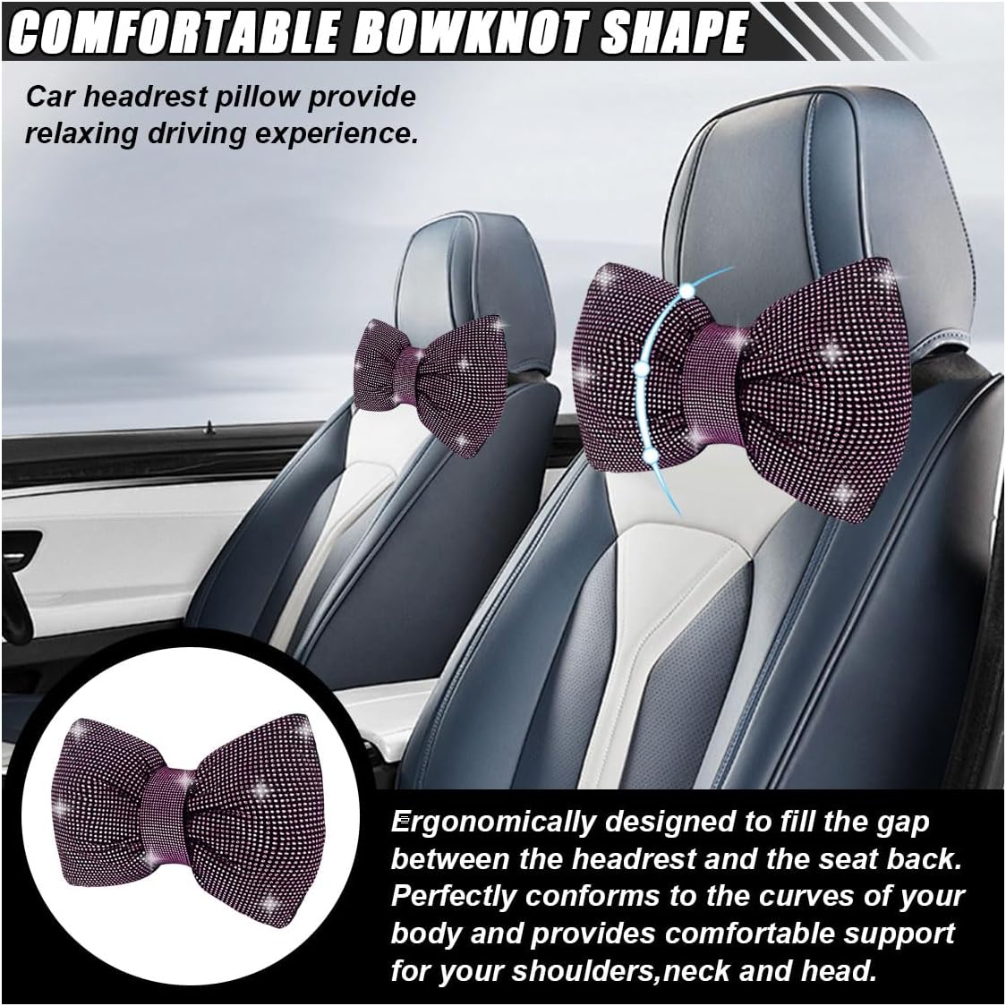1 PCS Rhinestone Car Headrest Neck Pillow, Auto Headrest Cushion for Driving Seat, Bling Crystal Diamond Bow Neck Support Relax Pillow, Car Interior Accessories for Women Girly (Purple)