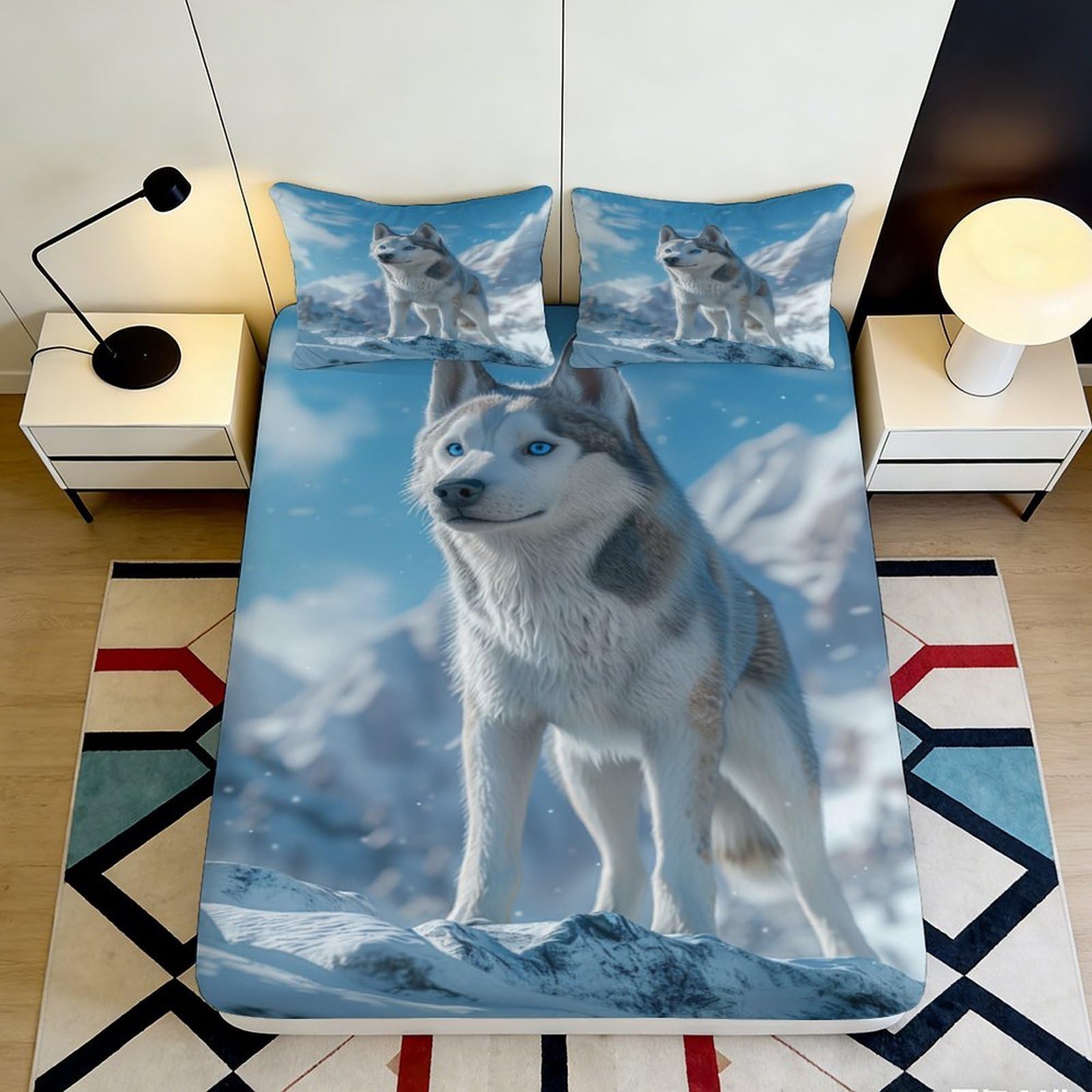 3D Printed Siberian Husky Fitted Sheet Microfiber Soft Comfortable Blue Wolf Bed Cover for Bedroom Dormitory Guest Room Mattress Protection Decoration 180x200x25cm
