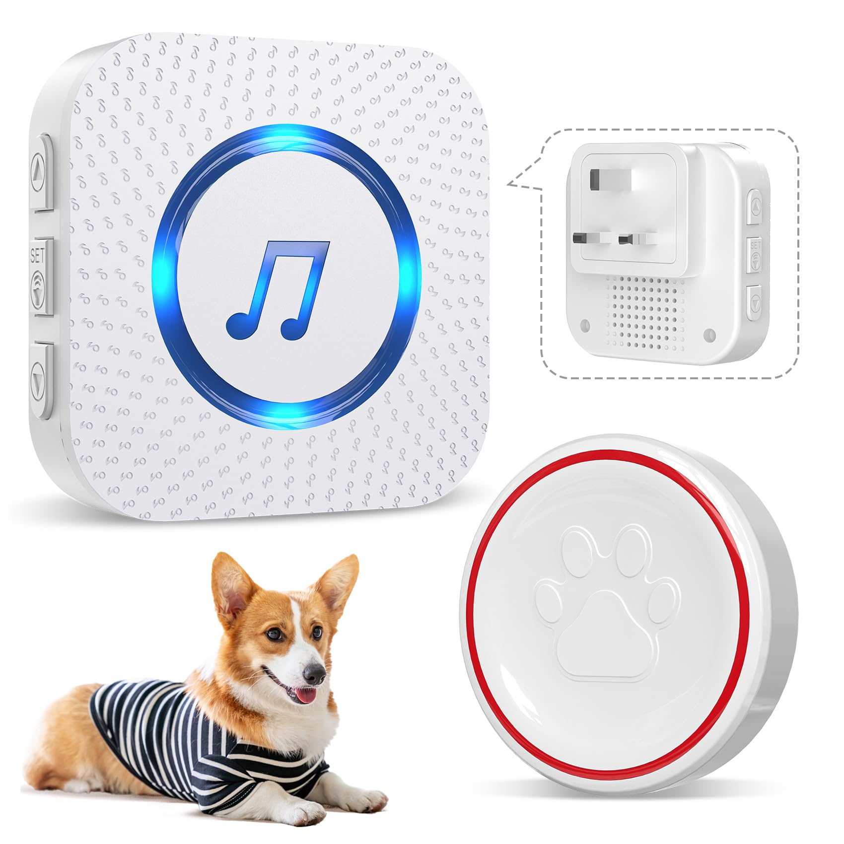 ChunHee Dog Door Bell - Doggie Doorbell Puppy Training - Dog Bells Toilet Training Smart Buttons Dog Clicker Operating at 500Feet with 55 Melodies 5 Volume Levels Velcro Installation 1Receiver 1 Bell