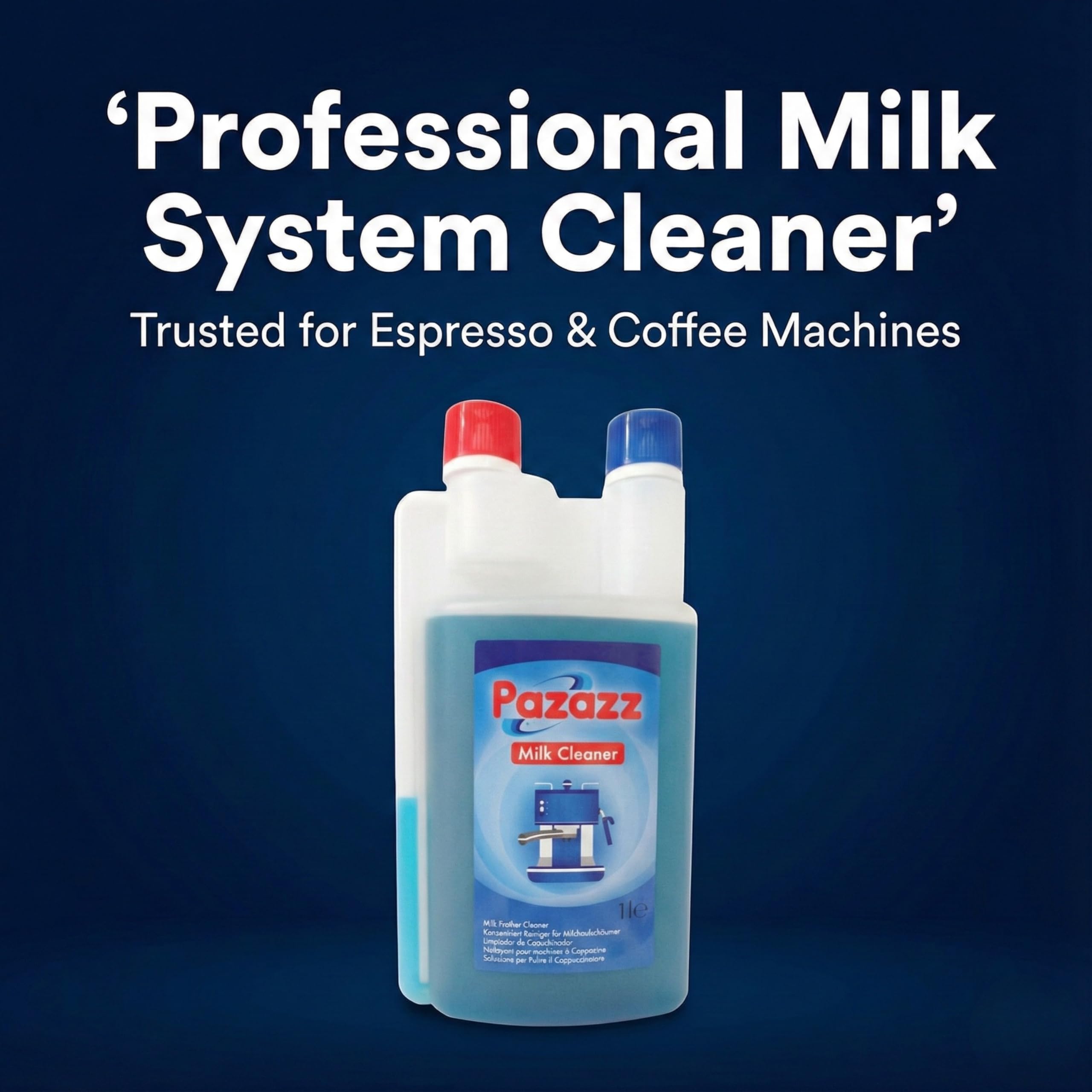 PAZAZZ Detergente per Montalatte – Liquido per Macchine da Caffè ed Espresso – Rimuove i Residui di Latte – Uso Domestico e Professionale – 1000ml – Confezione da 12