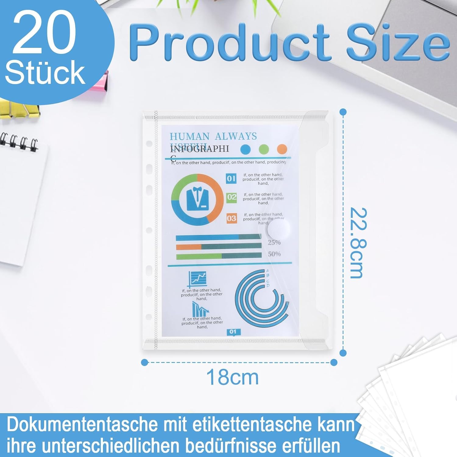 Pack of 20 A5 Transparent Document Wallets A5 Filing with 7 Hole Reinforcement Folder 22.8 x 18 cm Document Folder Binder A5 for Documents Organising Filing - Image 2