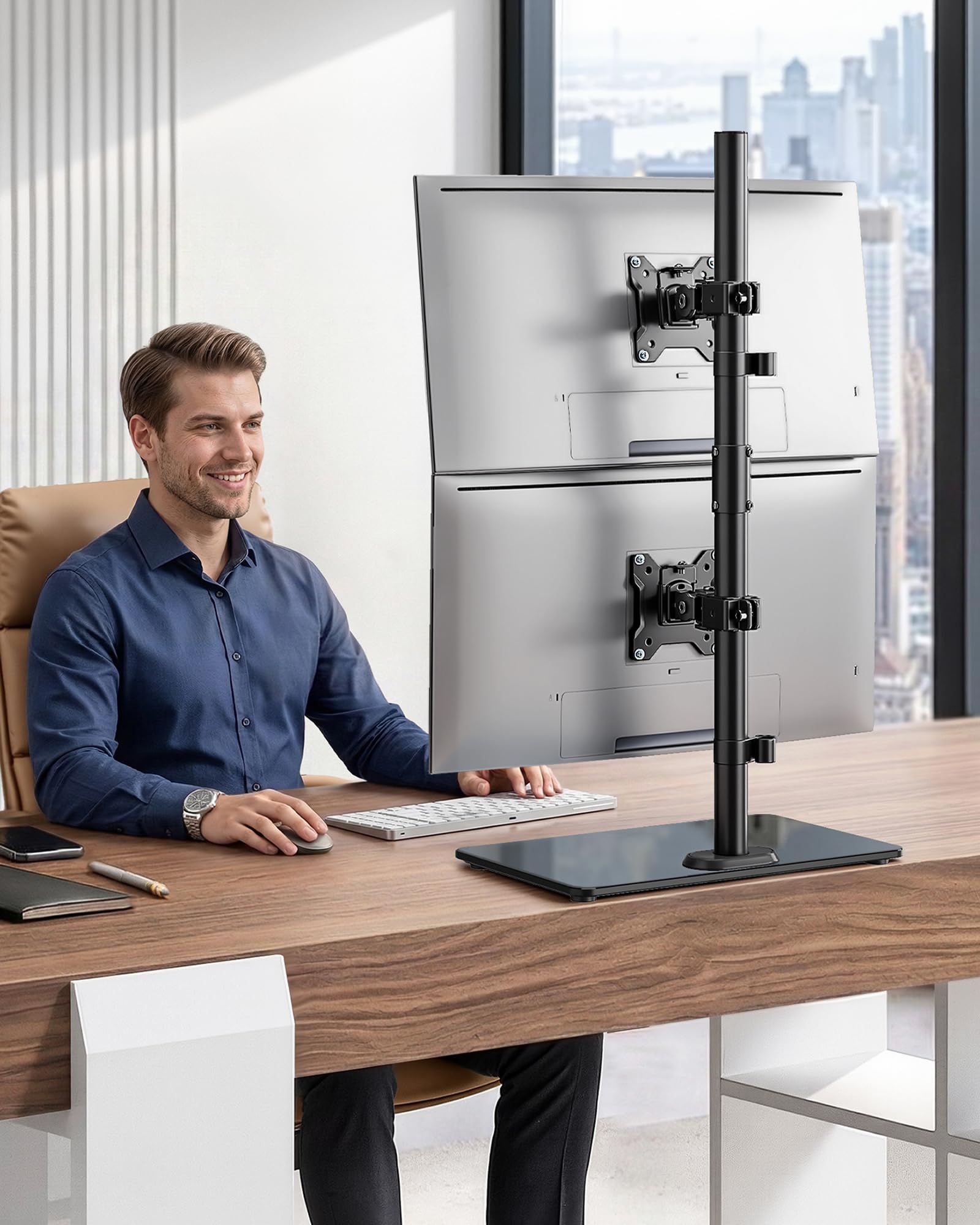 monTEK Supporto verticale Monitior 2 Monitiore con base in vetro per schermi da 17-32 pollici, portata massima 10 kg per braccio, supporto per monitor autoportante, completamente mobile e regolabile