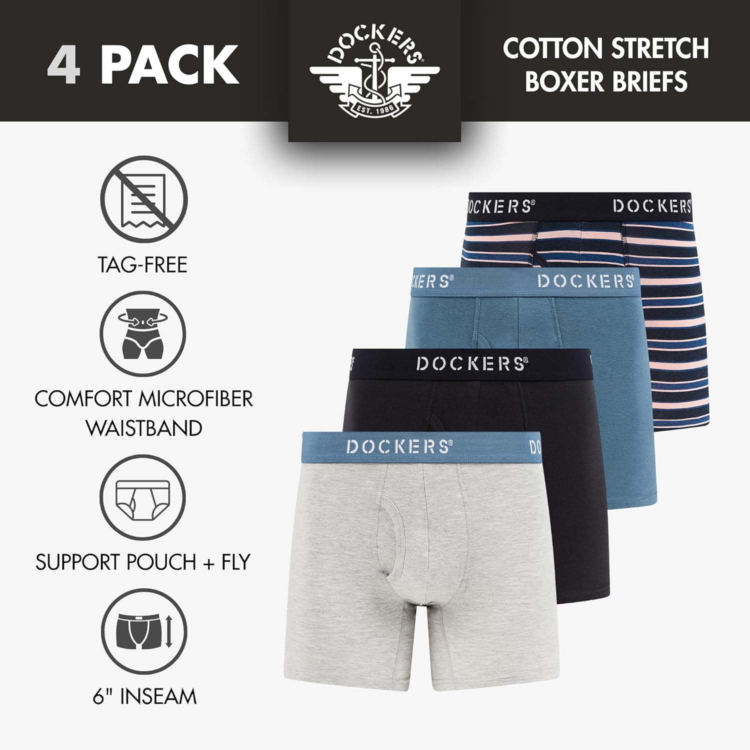 DOCKERS Mens Stretch Boxer Brief Underwear Stretch Cotton Underwear 4 Pack - Image 3