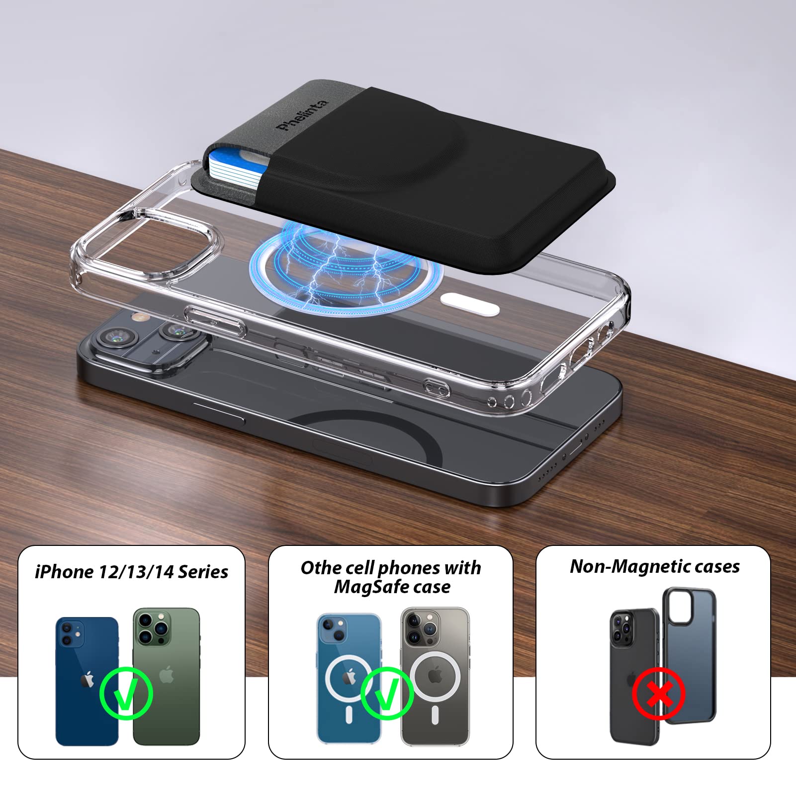 Phelinta Magnetic Wallet Kompatybilny z MagSafe Wallet dla iPhone 17/Air/16/15/14/13/12 Serii, Magnetyczny Portfel na Karty Kredytowe z Klapką, Przechowuj 5 Karty