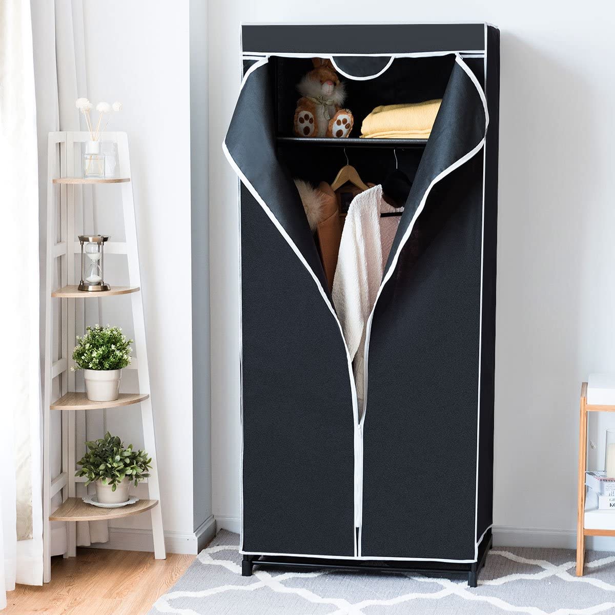 RELAX4LIFE Armoire de Rangement en Tissu Non-tissé avec Structure Métallique, Penderie de Vêtement Pliable avec Grand Espace de Stockage pour Chambre, Vestiaire,75 X 50 X 170 CM (Noir)