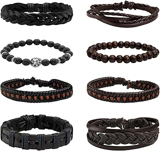 JJDreams 6-10 Pcs Leather Bracelets Set for Women Men Braided Wooden Beads Wrap Cuff Cord Adjustable, 9 inch, Leather, No Gemstone