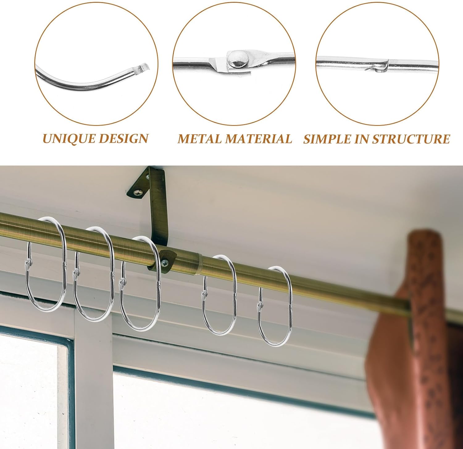 Uonlytech 30pcs Silver Oval Shower Curtain Rings Rustproof Metal Bath Curtain Hooks for Bathroom Rod Hanging Sturdy Decorative Shower Drapery Fasteners